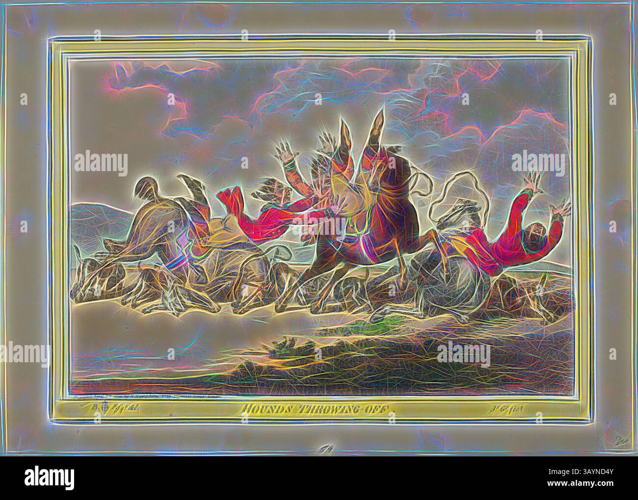 Eine dynamische Szene zeigt eine Gruppe von Hunden auf der Jagd, während Fahrer in lebhafter Kleidung das raue Gelände mit Spannung erkunden. Die Action fängt einen Moment des Adrenalins und der Energie in einem Jagdthema ein und zeigt die Verbindung zwischen Mensch und Hund in einer temperamentvollen Jagd. Hounds Throwing Off, veröffentlicht am 8. April 1800, James Gillray (Englisch, 1756–1815), nach Brownlow North (Englisch, 1778-1829), England, handkolorierte Ätzung auf Papier, 247 x 347 mm (Bild), 250 x 350 mm (Platte), 290 x 405 mm (Blatt) Klassische Kunst mit einem modernen Twist, neu interpretiert von Artotop Stockfoto