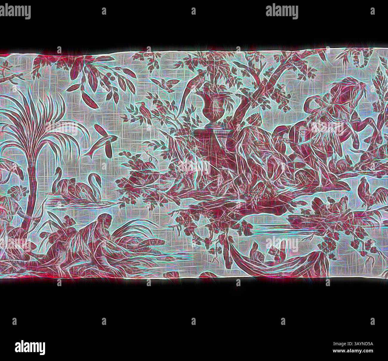 Eine detaillierte Szene, die einen ruhigen Garten mit üppigem Laub, elegante Figuren, die sich an verschiedenen Aktivitäten beteiligen, und anmutige Vögel vor einer ruhigen Kulisse der Schönheit der Natur zeigt. Les Quatre Parties du Monde (Four Quarters of the Globe) (Möbelstoff), um 1794, entworfen von Jean Baptiste Huet (Französisch, 1745-1811), Stich von Johann Elias Ridinger (Deutschland, 1698-1767), hergestellt von Christophe Phillipe Oberkampf (Französisch, 1738-1815), Frankreich, Jouy-en-Josas, Frankreich, Baumwolle, Leinwandbindung, Kupferdruck, 91,4 x 98,2 cm (36 x 19 Zoll) Klassische Kunst mit modernem Touch, neu interpretiert von Artotop Stockfoto