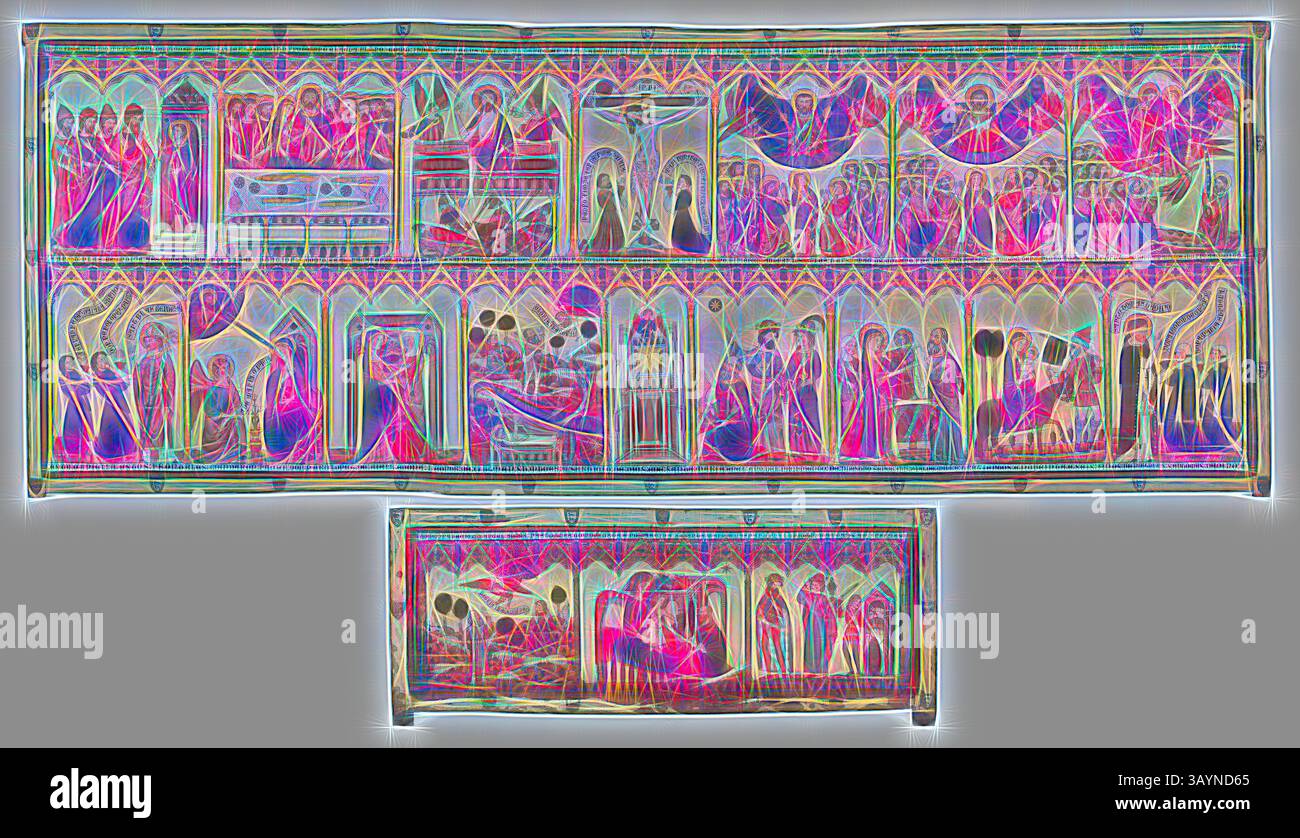 Ein lebendiger, komplizierter Wandteppich, der verschiedene Szenen von historischer und religiöser Bedeutung darstellt, charakterisiert durch detailreiche Figuren und dynamische Kompositionen in kunstvollen Bögen. Das Kunstwerk vermittelt ein Gefühl des Geschichtenerzählens durch seine ausgeklügelten Bilder und lebendigen Ausdrucksformen. Retabel und Frontal des Lebens Christi und der Jungfrau für Pedro López de Ayala, 1396, Spanisch, Spanien, Tempera und Gold auf Platte, Retabel Bild: 232,1 x 649 cm (91 3/8 x 255 1/2 Zoll), Frontalbild: 86 x 266,9 cm (33 7/8 x 105 1/16 Zoll) Klassische Kunst mit modernem Touch, neu interpretiert von Artotop Stockfoto