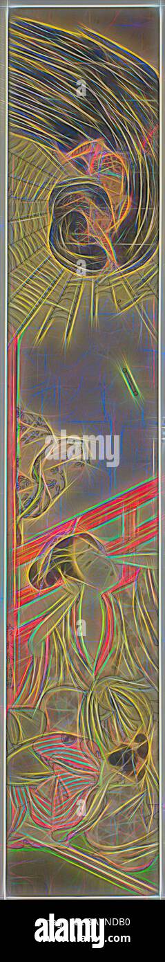 Eine stilisierte Darstellung eines wirbelnden Designs mit abstrakten Formen und kurvenförmigen Mustern. Die Komposition umfasst fließende Linien, komplizierte Formen und ein dynamisches Bewegungsgefühl, wodurch ein energetisches visuelles Erlebnis entsteht. The Smitten Thunder God Deliving a love Letter to a Kurtisane, ca. 1767/68, Suzuki Harunobu 鈴木 春信, Japanisch, 1725 (?)-1770, Japan, Farbholzdruck, Hashira-e, 5/8 x 5/8 Zoll Klassische Kunst mit modernem Touch, neu interpretiert von Artotop Stockfoto