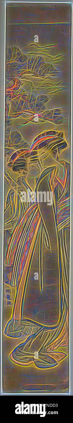 Elegante Figuren in traditioneller Kleidung werden vor einem Hintergrund stilisierter Natur dargestellt, die ein Gefühl der Anmut und des kulturellen Erbes einfangen. Die künstlerischen Linien vermitteln Bewegung und Emotionen und verbinden die menschliche Form mit einer ruhigen Umgebung. Porting a Love Letter, ca. 1777, Isoda Koryusai, Japanisch, 1735-1790, Japan, Farbholzdruck, Hashira-e, 1/8 x 1/2 Zoll Klassische Kunst mit modernem Touch, neu interpretiert von Artotop Stockfoto