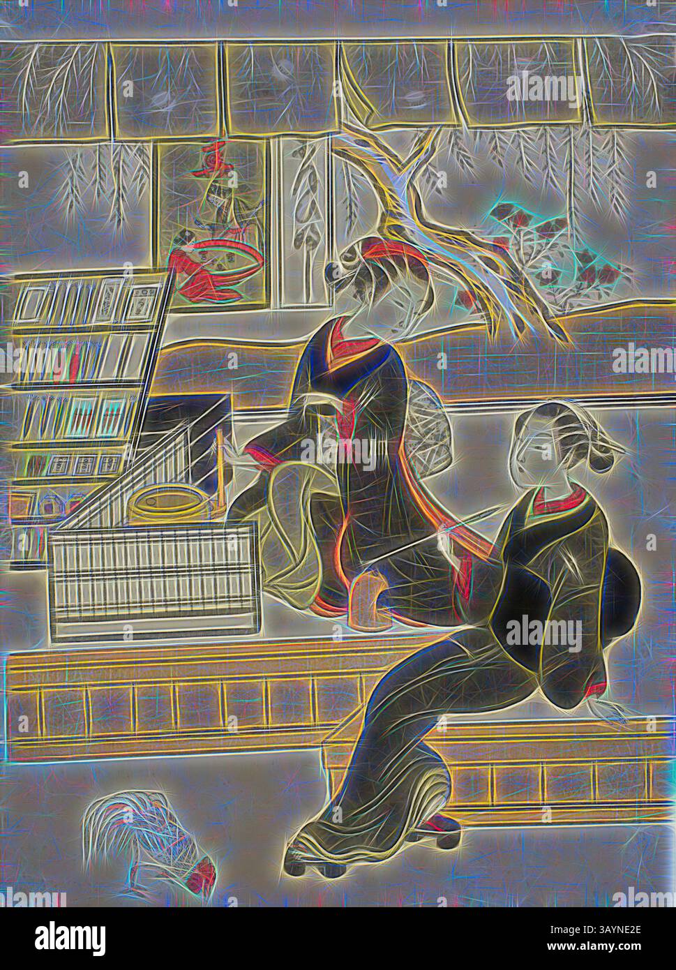 Zwei elegant gekleidete Personen, möglicherweise in traditioneller Kleidung, sitzen in einer ruhigen Umgebung mit natürlichen Elementen und dekorativen Gegenständen zusammen. Ihre Posen deuten auf eine intime oder spielerische Interaktion hin, wodurch ein Gefühl der Harmonie zwischen den Figuren und ihrer Umgebung entsteht. Ofuji, das Ladenmädchen der Motoyanagiya, mit einem Kunden, ca. 1769, Suzuki Harunobu 鈴木 春信, Japanisch, 1725 (?)-1770, Japan, Farbholzdruck, Chuban, 11 x 8 Zoll Klassische Kunst mit modernem Touch, neu interpretiert von Artotop Stockfoto