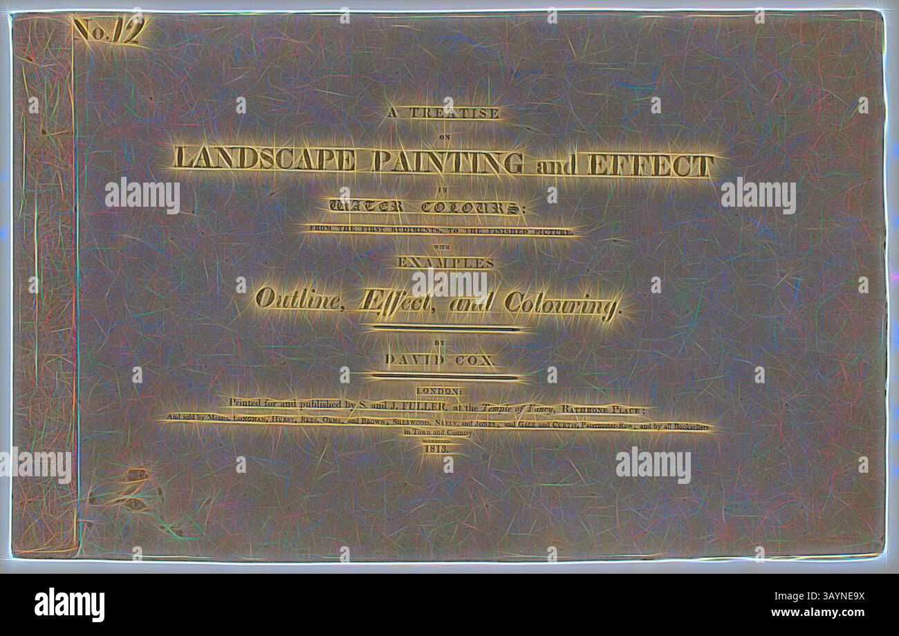 Ein Vintage-Buchcover mit dem Titel „A Treatise on Landscape Painting and Effect“, das Abschnitte über Farbmischungen, Umrisse und Effekte in der Malerei enthält, verfasst von David Cox aus dem Jahr 1814. Eine Abhandlung über Landschaftsmalerei und Wirkung in Wasserfarben: Von den ersten Grundstücken bis zum fertigen Bild Nr. 12, 1813–14, David Cox, der ältere (englisch, 1783–1859), Kupferstich von Richard Reeve (Englisch, 1780-c. 1835), herausgegeben von S. and J. Fuller (Englisch, 19. Jahrhundert), England, Buch mit vier Farb-Aquatinten und Buchdruck in Schwarz auf cremefarbenem Webpapier, in Box, 306 x 488 x 3 mm (Buch), 335 x 509 x 45 mm (bo Stockfoto