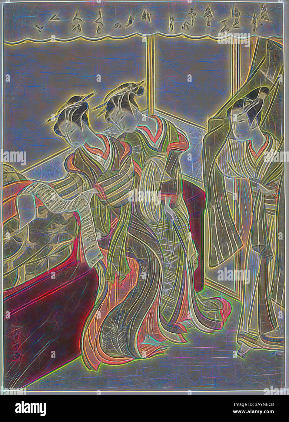 Eine Gruppe elegant gekleideter Frauen, wahrscheinlich aus einer historischen oder kulturellen Umgebung, führt einen Moment der Unterhaltung, während man sich einem wunderschön geschmückten Raum nähert. Ihre traditionelle Kleidung und die komplizierten Frisuren spiegeln ein reiches kulturelles Erbe wider und erwecken ein Gefühl von Anmut und Kunstfertigkeit. Junger Mann geht hinein, als zwei Kurtisanen Love Letter lesen, ca. 1772/74, Shiba Kokan (Suzuki Harushige), Japanisch, 1747–1818, Japan, Farbholzdruck, Chuban, 11 x 8 Zoll Klassische Kunst mit modernem Touch, neu interpretiert von Artotop Stockfoto