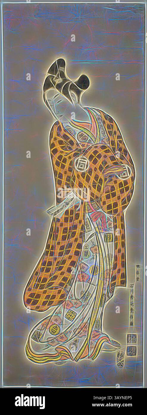 Eine anmutige Figur in einem traditionellen Kimono, verziert mit komplizierten Mustern, steht mit einem ruhigen Ausdruck. Das Outfit hat ein farbenfrohes Design, während der Hintergrund die Eleganz der Pose betont. Die Gesamtdarstellung weckt ein Gefühl von Ruhe und Schönheit und unterstreicht die Kunst der kulturellen Tradition. Der Schauspieler Sanogawa Ichimatsu I als Hisamatsu, um 1748, Ishikawa Toyonobu, Japanisch, 1711–1785, Japan, handkolorierter Holzschnitt, Habahiro hashira-e, urushi-e, 71,0 x 26,1 cm (28 x 10 1/4 Zoll) Klassische Kunst mit modernem Touch, neu interpretiert von Artotop Stockfoto