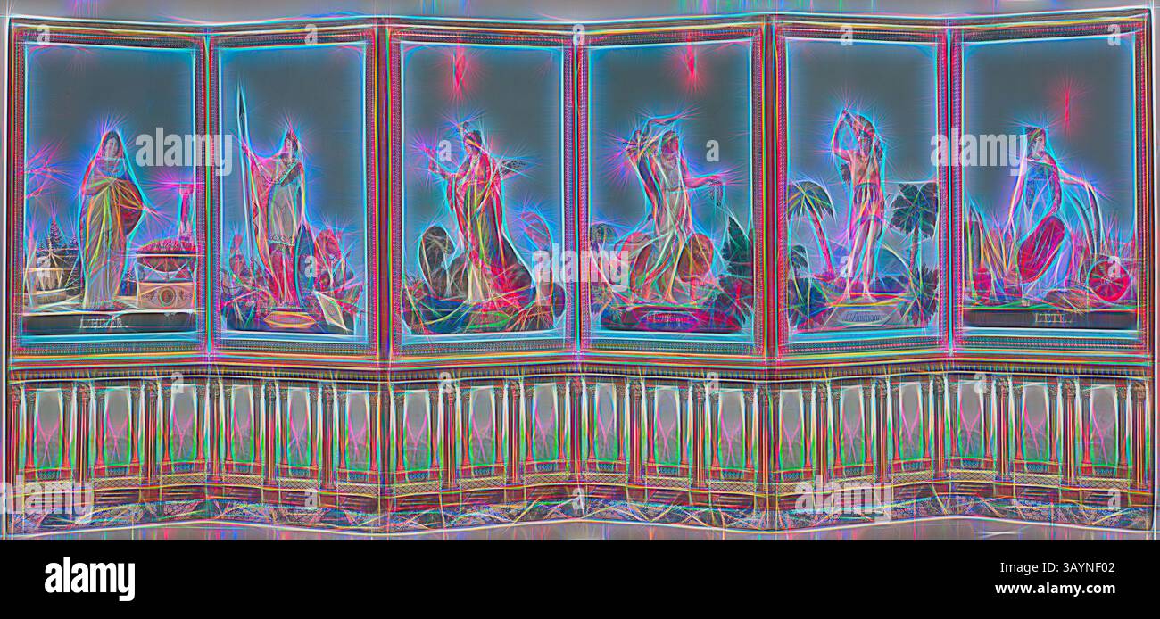 Eine Reihe lebendiger, stilisierter Figuren mit mythischen und religiösen Themen, die sich vor komplizierten Hintergründen befinden. Die Figuren vermitteln ein Gefühl von Gelassenheit und Geheimnis, mit leuchtenden Farben, die ihre Formen und die dekorativen Elemente um sie herum betonen. Sieb: Winter (Panel One), ca. 1820, Frankreich, Blockdruck, Farbe auf Papier, 172,4 x 72,4 cm (67 7/8 x 28 1/2 Zoll) Klassische Kunst mit modernem Touch, neu interpretiert von Artotop Stockfoto