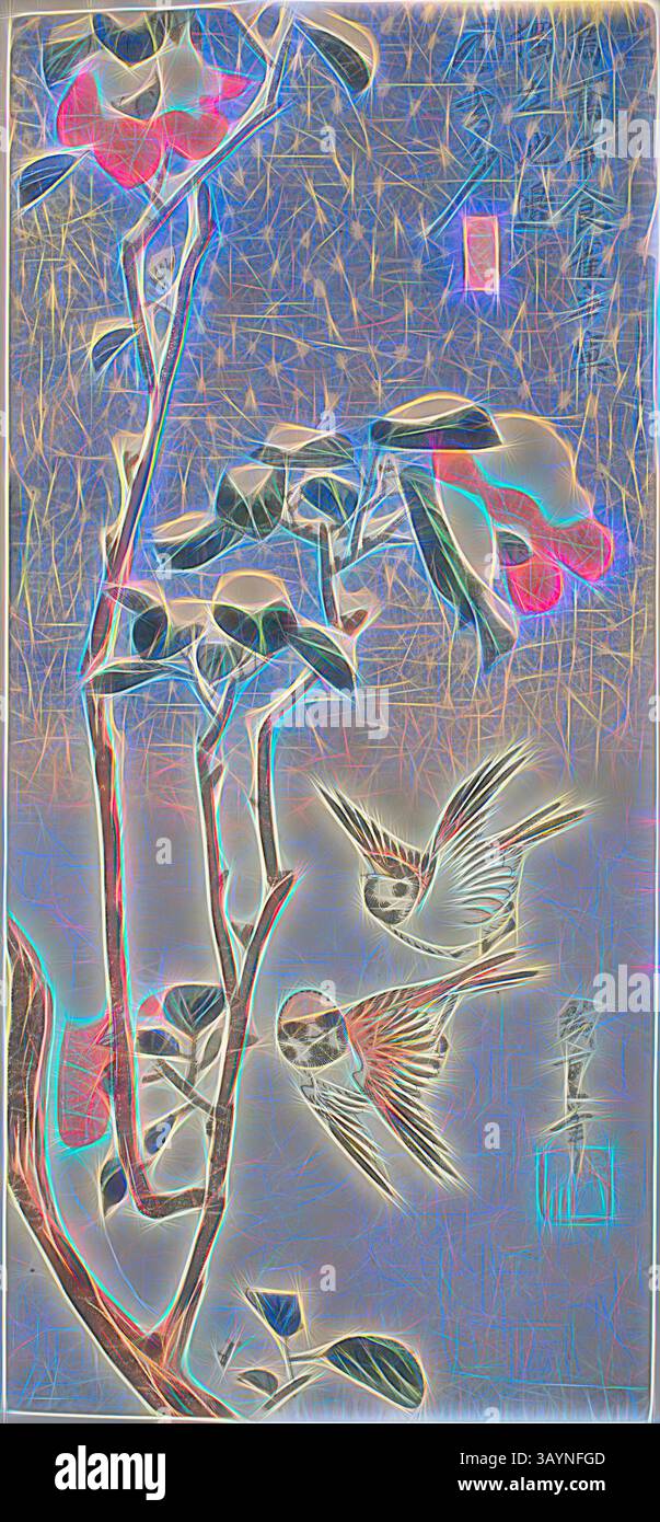 Eine lebendige Verschmelzung von Blumen- und Vogelelementen mit farbenfrohen Blüten und anmutig aufragenden Vögeln, die alle in einem fantasievollen und stilisierten Hintergrund verflochten sind. Spatzen und Kamelie im Schnee, um 1831/33, Utagawa Hiroshige 歌川 広重, Japanisch, 1797–1858, Japan, Farbholzdruck, o-tanzaku, 38 x 17,3 cm Klassische Kunst mit modernem Touch, neu interpretiert von Artotop Stockfoto