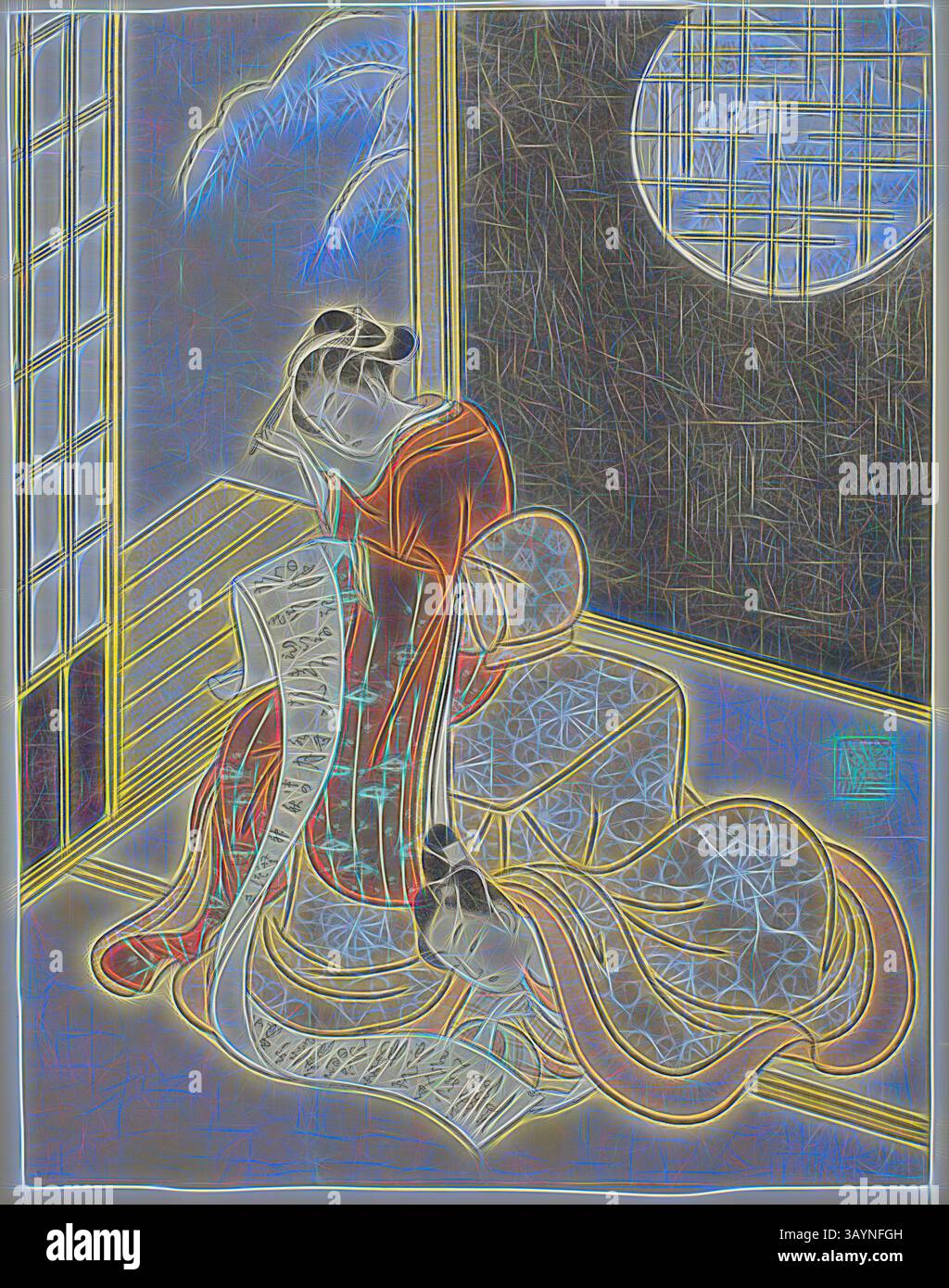 Eine anmutige Figur in einem traditionellen Kimono untersucht sorgfältig Schriftrollen, umgeben von stilisierten Elementen, die eine ruhige Atmosphäre hervorrufen. Das Spiel von Licht und Schatten verstärkt die komplizierten Muster ihrer Kleidung und die ruhige Umgebung und verleiht der Szene eine ätherische Qualität. The Love Letter, 1765, Suzuki Harunobu 鈴木 春信, Japanisch, 1725 (?)-1770, Japan, Farbholzdruck, Chuban, Surimono, 26,1 x 20,4 cm (10 1/4 x 7 7/8 Zoll) Klassische Kunst mit modernem Touch, neu interpretiert von Artotop Stockfoto