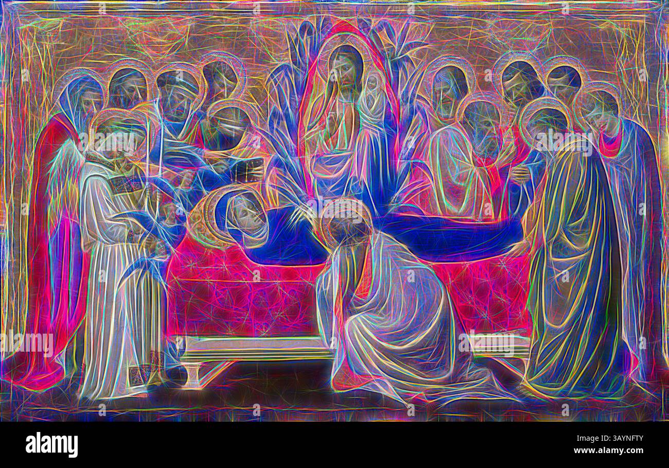 Eine ruhige Darstellung einer religiösen Szene mit Figuren, die sich in einem feierlichen Moment um eine zentrale Figur versammelt haben, umgeben von lebendigen Farben und komplizierten Mustern, die die emotionale Tiefe der Komposition verstärken. Der Tod der Jungfrau, 1405/10, Gherardo di Jacopo, genannt Starnina, italienisch, Active 1387-1413, Italien, Tempera auf Platte, Platte: 43,6 x 67,6 cm (17 1/8 x 26 5/8 Zoll), lackierte Oberfläche: 40,4 x 64 cm (15 15/16 x 25 1/4 Zoll) Klassische Kunst mit modernem Touch, neu interpretiert von Artotop Stockfoto
