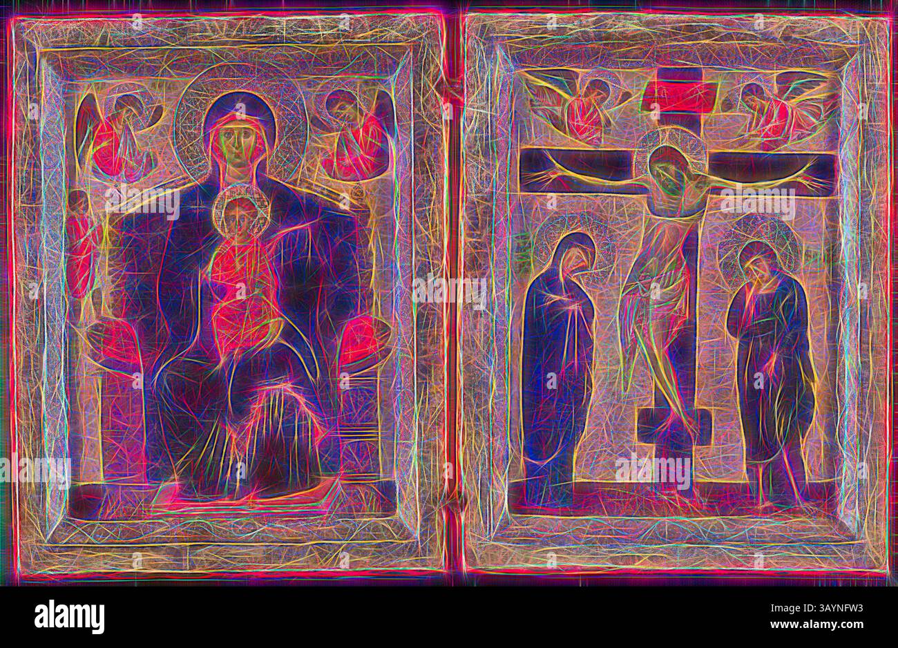 Eine lebendige Darstellung religiöser Ikonographie mit der Jungfrau Maria, die auf der einen Seite das Christuskind hält, und auf der anderen Seite eine Szene der Kreuzigung mit Engeln und Figuren in ehrfurchtvoller Anwesenheit. Die satten Farben und die wirbelnden Muster verleihen den traditionellen Bildern eine dynamische, spirituelle Energie. Diptychon der Jungfrau und des Kindes thront und der Kreuzigung, 1275/85, östliches Mittelmeer oder Italienisch, Italien, Tempera auf Platte, linker Flügel: 38 x 29,5 cm (14 15/16 x 11 5/8 Zoll), gemaltes Bild linker Flügel: 29,8 x 22,3 cm (11 3/4 x 8 3/4 Zoll) Klassische Kunst mit modernem Touch, neu interpretiert von Artotop Stockfoto