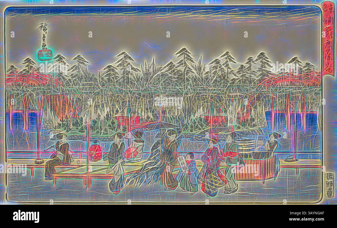 Eine lebendige Szene mit traditionellen Figuren in eleganter Kleidung, die auf einem geschäftigen Markt im Freien, umgeben von üppigen Bäumen und detaillierten Strukturen, interagieren. Die Atmosphäre ist lebhaft, mit verschiedenen Aktivitäten, die auf kulturelle Feste hinweisen. Wisteria at Kameido (Kameido Tenjin fuji hana), aus der Serie Famous Places in the Eastern Capital (Toto meisho), ca. 1839/42, Utagawa Hiroshige 歌川 広重, Japanisch, 1797-1858, Japan, Farbholzdruck, oban, 22,4 x 37,2 cm (8 13/16 x 14 5/8 Zoll) Klassische Kunst mit modernem Touch, neu interpretiert von Artotop Stockfoto