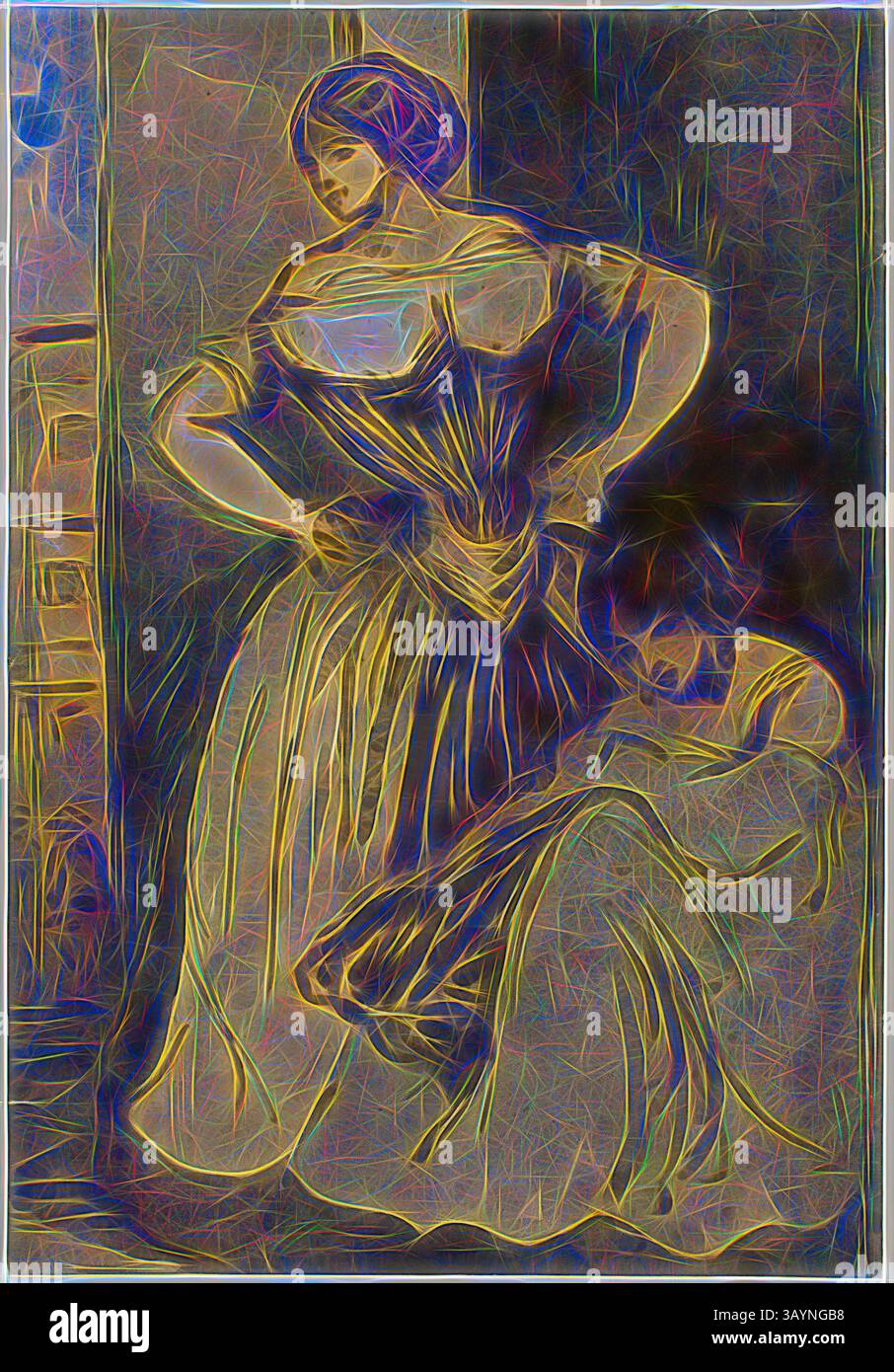 Eine Frau in einem historischen Kleid steht selbstbewusst, ihre Hände auf den Hüften, während eine andere Figur in der Nähe sitzt und nachdenklich posiert. Die Szene strahlt ein Gefühl von Eleganz und Introspektion aus, mit wirbelnden Farben und Linien, die die emotionale Atmosphäre verstärken. Zwei Frauen, ca. 1840, Constantin Guys, Französisch, 1802-1892, Frankreich, Stift und braune Tinte mit Pinsel und Aquarell über Spuren von Graphit, auf elfenbeinfarbenem Webpapier, 323 x 223 mm Klassische Kunst mit modernem Touch, neu interpretiert von Artotop Stockfoto