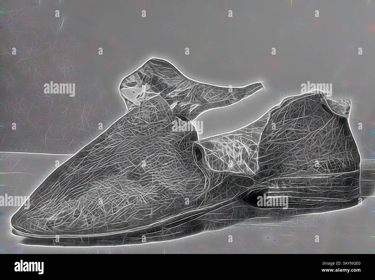 Ein einzigartig gestylter Schuh mit abstraktem Design und komplizierten Linien und Texturen, die seine künstlerische Form unterstreichen. Die Silhouette des Schuhs ist sowohl markant als auch unkonventionell und zeigt eine Mischung aus Eleganz und modernem Flair. Schuh, 17. Jahrhundert, England oder Frankreich, England, Schwarzes Leder Klassische Kunst mit einem modernen Touch, neu interpretiert von Artotop Stockfoto
