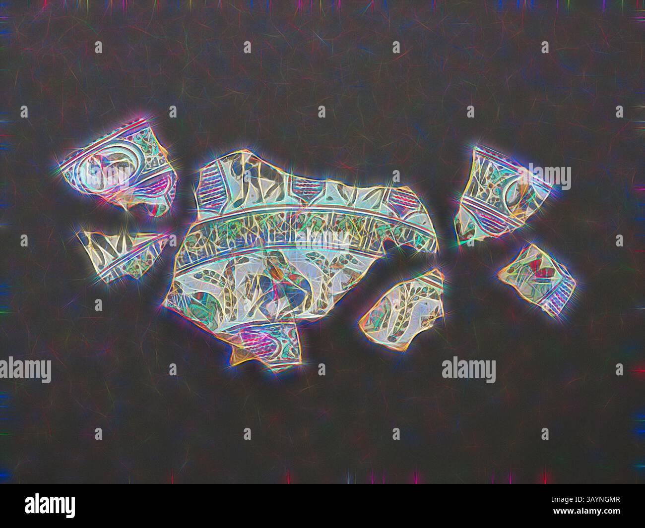 Eine abstrakte Anordnung fragmentierter Formen mit komplizierten Mustern und lebhaften Farben, die einer stilisierten Karte oder künstlerischen Collage ähneln. Das Design vermittelt ein Gefühl von Erkundung und Komplexität. Platte (Fragment), Ende des 12./frühen 13. Jahrhunderts, Iran, Saveh, Fritware-Sherd mit Minai-Technik über einer opaken weißen Glasur verziert, größtes Stück: 8 x 1/4 cm. Klassische Kunst mit modernem Touch, neu interpretiert von Artotop Stockfoto Eine abstrakte Anordnung fragmentierter Formen mit komplizierten Mustern und lebhaften Farben, die einer stilisierten Karte oder künstlerischen Collage ähneln. Das Design vermittelt ein Gefühl von Erkundung und Komplexität. Platte (Fragment), Ende des 12./frühen 13. Jahrhunderts, Iran, Saveh, Fritware-Sherd mit Minai-Technik über einer opaken weißen Glasur verziert, größtes Stück: 8 x 1/4 cm. Klassische Kunst mit modernem Touch, neu interpretiert von Artotop Stockfoto