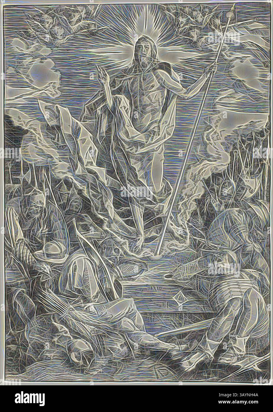 Eine dramatische Szene, die eine triumphale Figur darstellt, die möglicherweise eine religiöse oder heroische Figur darstellt, die inmitten einer Landschaft steht, die von gefallenen Kriegern gefüllt ist. Die Komposition vermittelt ein Gefühl von Macht und Auferstehung, umgeben von dynamischen Linien und intensiven Kontrasten, die die Bedeutung und Prominenz der Figur in der chaotischen Umgebung betonen. Die Auferstehung, aus der großen Passion, 1510, veröffentlicht 1511, Albrecht Dürer, 1471-1528, Deutschland, Holzschnitt in Schwarz auf elfenbeinfarbenem Büttenpapier, 401 x 282 mm Klassische Kunst mit modernem Twist, neu interpretiert von Artotop Stockfoto