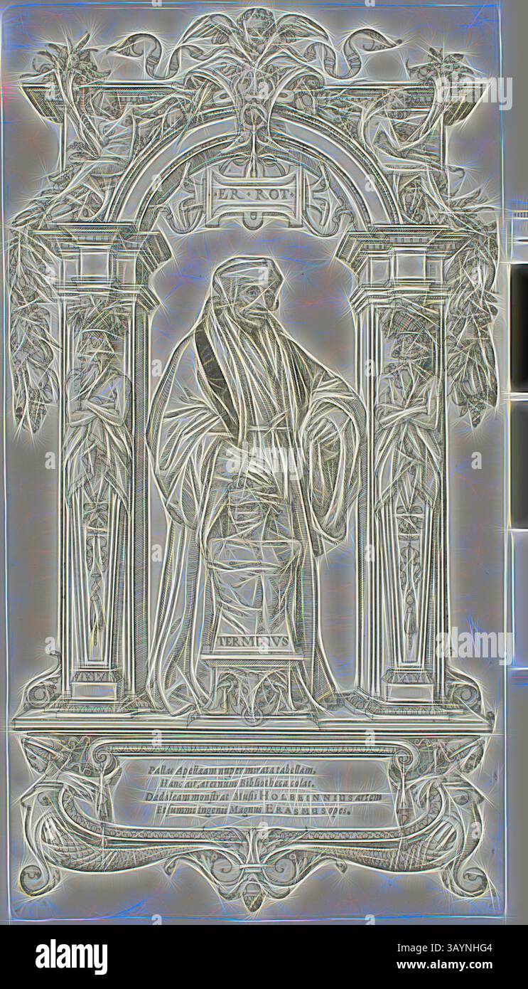 Eine detaillierte Gravur zeigt eine Weise Figur mit Gewändern, die zwischen raffinierten architektonischen Elementen mit Laub steht. Die Figur hält ein Gleichgewicht und symbolisiert Gerechtigkeit und Weisheit, während eine Inschrift oben die Szene identifiziert. Die Gesamtkomposition vermittelt ein Gefühl von Festlichkeit und Besinnung. Erasmus von Rotterdam, 1520/25, Hans Holbein, der Jüngere, 1497-1543, Deutschland, Holzschnitt auf elfenbeinfarbenem Büttenpapier, 285 x 154 mm Klassische Kunst mit modernem Twist, neu interpretiert von Artotop Stockfoto