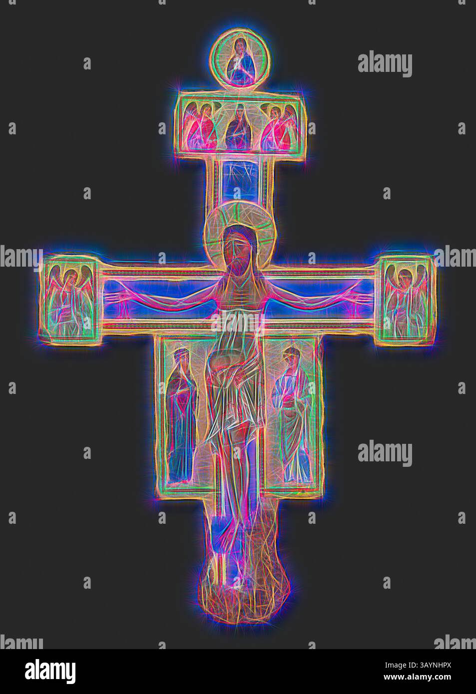 Eine stilisierte Darstellung eines Kruzifix mit komplizierten Umrissen und lebhaften Farben, die verschiedene Figuren und Szenen aus der religiösen Ikonographie hervorheben. Die Bildsprache strahlt ein Gefühl von Spiritualität und Ehrfurcht aus. Kruzifix, 1230/40, Meister des Kruzifix Bigallo, Italienisch, aktiv um 1225-65, Italien, Tempera auf der Tafel, 191 x 127,2 cm (75 1/4 x 50 1/8 Zoll) Klassische Kunst mit modernem Touch, neu interpretiert von Artotop Stockfoto