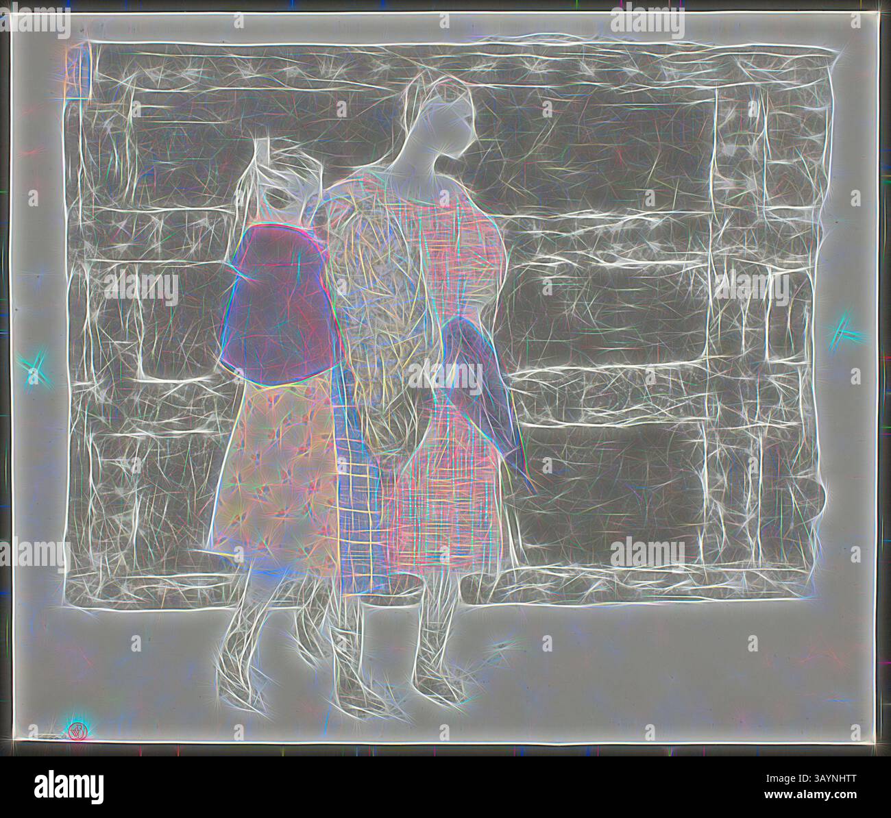 Zwei in traditioneller Kleidung gekleidete Figuren spazieren an einer strukturierten Wand vorbei, deren Bewegungen ein Gefühl von Anmut und Nostalgie ausstrahlen. Die Szene ist von einem ätherischen Leuchten durchzogen, das das Zusammenspiel von Licht und Schatten um sie herum betont. On the Bridge of Europe, Platte 9 aus Landschaften und Innenräumen, 1899, Edouard Vuillard (Französisch, 1868-1940), gedruckt von Auguste Clot (Französisch, 1858-1936), herausgegeben von Ambroise Vollard (Französisch, 1867-1939), Frankreich, Farblithographie auf grauelfenbeinfarbenem Porzellanpapier, 311 x 379 mm (Bild mit Kennzeichen), 334 x 395 mm (Blatt) Klassische Kunst mit modernem Twist Stockfoto