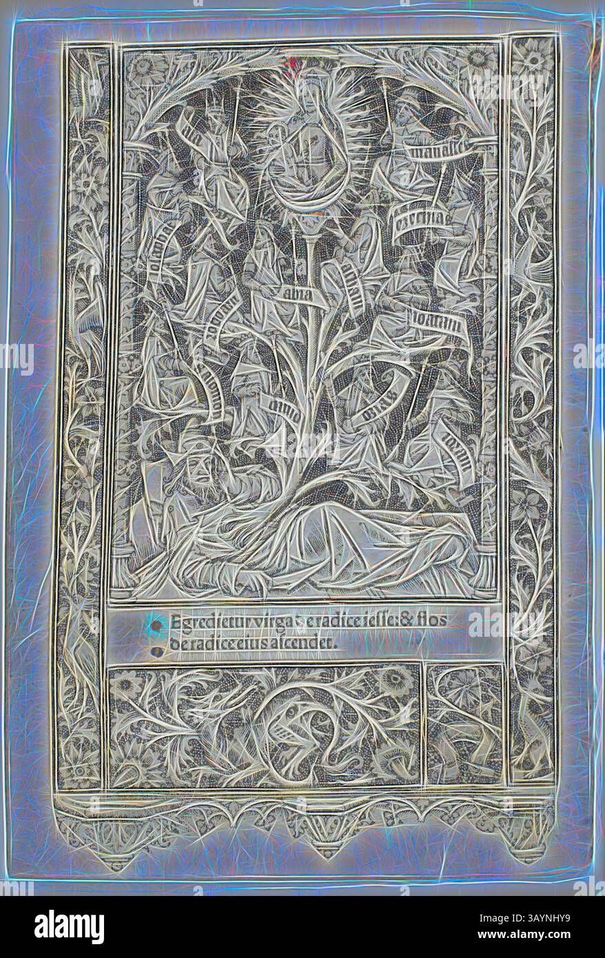 Ein kompliziertes Design mit einer zentralen Figur, umgeben von raffinierten Blumenmotiven und Text, die ein Gefühl von Tiefe und Spiritualität schaffen. Das Kunstwerk ist detailreich, mit fließenden Linien und dekorativen Elementen, die seine gesamte Ästhetik unterstreichen. Der Baum von Jesse, aus einem Stundenbuch, n.d., Thielmann Kerver, deutsch, blühte 1497-1524, Deutschland, Holzschnitt (oder Relief aus weichem Metall) auf Pergament (beide Seiten), mit blauen und roten Akzenten, 150 x 91 mm Klassische Kunst mit einem modernen Twist, neu interpretiert von Artotop Stockfoto