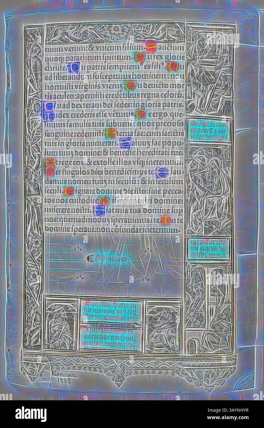 Eine aufwendig gestaltete Manuskriptseite zeigt eine dichte Anordnung von Text in einer dekorativen Schrift, begleitet von farbenfrohen hervorgehobenen Abschnitten und kunstvollen Illustrationen entlang der Grenzen. Die detaillierten Verzierungen verstärken die historische und künstlerische Bedeutung des Dokuments und spiegeln die Handwerkskunst seiner Zeit wider. Visitation, aus dem Stundenbuch, n.d., Thielmann Kerver, deutsch, aktiv 1497-1524, Deutschland, Holzschnitt in Schwarz (oder weiches Metall-Relief) mit handkolorierter Pergamentfarbe, 150 x 91 mm Klassische Kunst mit modernem Twist von Artotop neu interpretiert Stockfoto