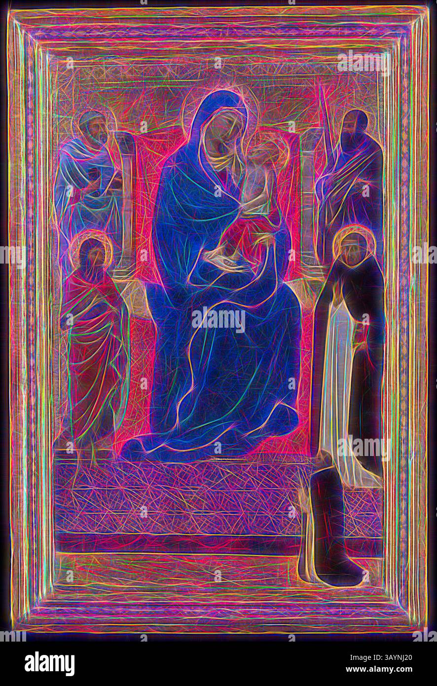 Eine farbenfrohe Darstellung einer religiösen Szene mit der Jungfrau Maria, die das Jesuskind hält, umgeben von verschiedenen Figuren, die jeweils in unverwechselbaren Gewändern gekleidet sind, in einem kunstvollen Rahmen, der die ätherische Qualität des Kunstwerks unterstreicht. Jungfrau und Kind thront mit den Heiligen Peter, Paulus, Johannes dem Täufer und Dominikus und einem dominikanischen Bittsteller, 1325/35, zugeschrieben Ugolino di Nerio, Italienisch, aktiv 1317-1339/49, Italien, Tempera auf der Tafel, 37,2 x 23,2 cm (14 5/8 x 9 1/8 Zoll) Klassische Kunst mit modernem Touch, neu interpretiert von Artotop Stockfoto