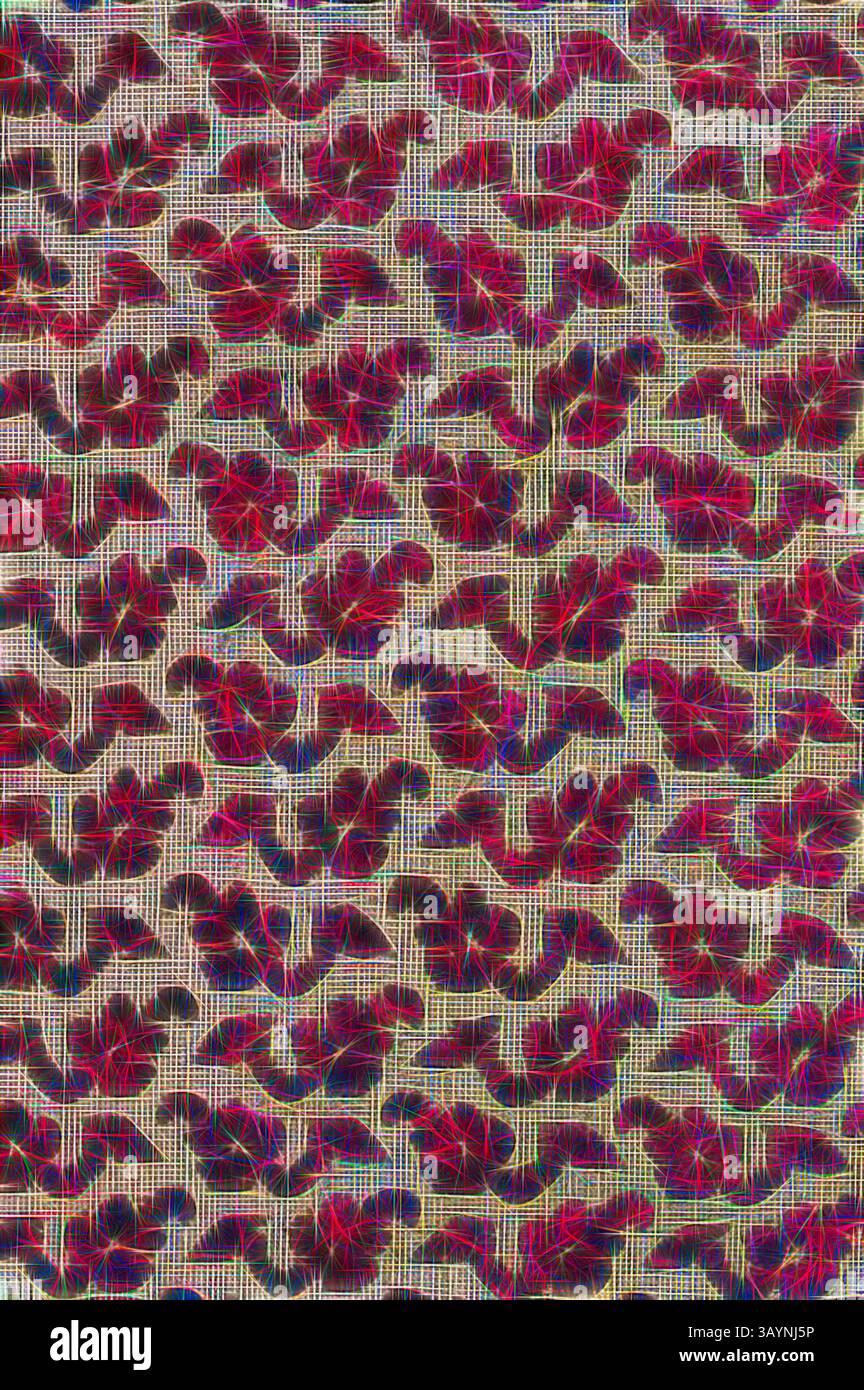 Ein kompliziertes Muster mit einem sich wiederholenden Design aus stilisierten Blattformen, mit leuchtenden Farbtönen und sich kreuzenden Linien, die eine fesselnde visuelle Textur schaffen. Fünf Fragmente, 1601/25, Italien, Seide- und Goldmetallstreifen, Leinwandbindung mit ergänzenden Schussfäden und ergänzenden Pfahlketten, die geschnittenen und ungeschnittenen voidierten Samt bilden, A: 101,6 x 57 cm (40 x 22 1/2 Zoll) Klassische Kunst mit modernem Touch, neu interpretiert von Artotop Stockfoto