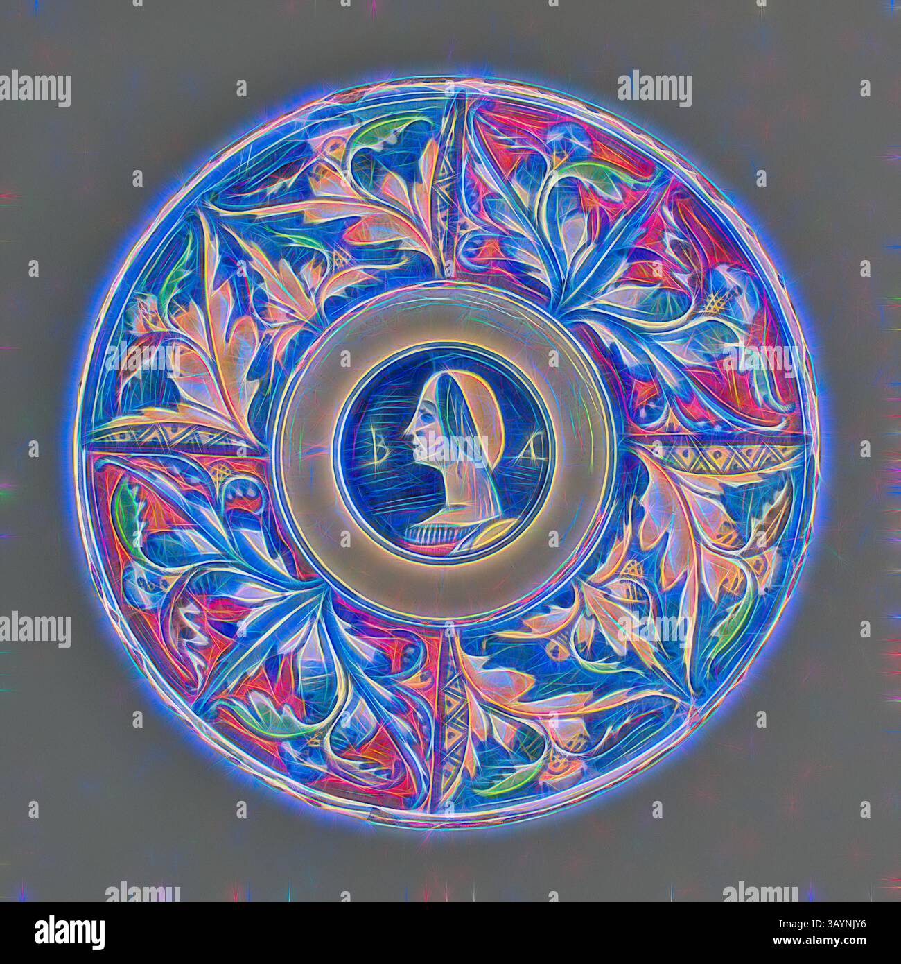 Ein kreisförmiges dekoratives Stück mit komplizierten Blumenmustern. In der Mitte ist das Profil einer Frau von lebendigen, stilisierten Designs umgeben, die Natur und Kunst miteinander verbinden und eine elegante und harmonische Komposition schaffen. Platte mit weiblicher Büste, ca. 1525, italienisch, möglicherweise Castel Durante, Castel Durante, verzinntes Steingut (Maiolica), Durchmesser: 25,9 cm (10 3/16 Zoll) Klassische Kunst mit modernem Touch, neu interpretiert von Artotop Stockfoto