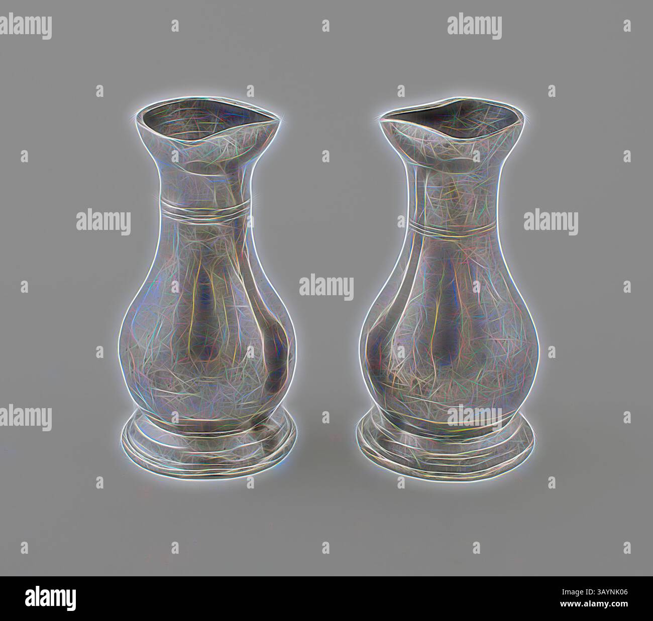 Zwei elegante Vasen mit kurviger Silhouette, schmalem Hals und breitem Sockel, die komplizierte Muster zeigen, die ein zartes Design suggerieren. Zwei Sakramentenkreuze, Anfang des 19. Jahrhunderts, wahrscheinlich Frankreich, Frankreich, Zinn, 10,2 x 5,1 cm Klassische Kunst mit modernem Touch, neu interpretiert von Artotop Stockfoto