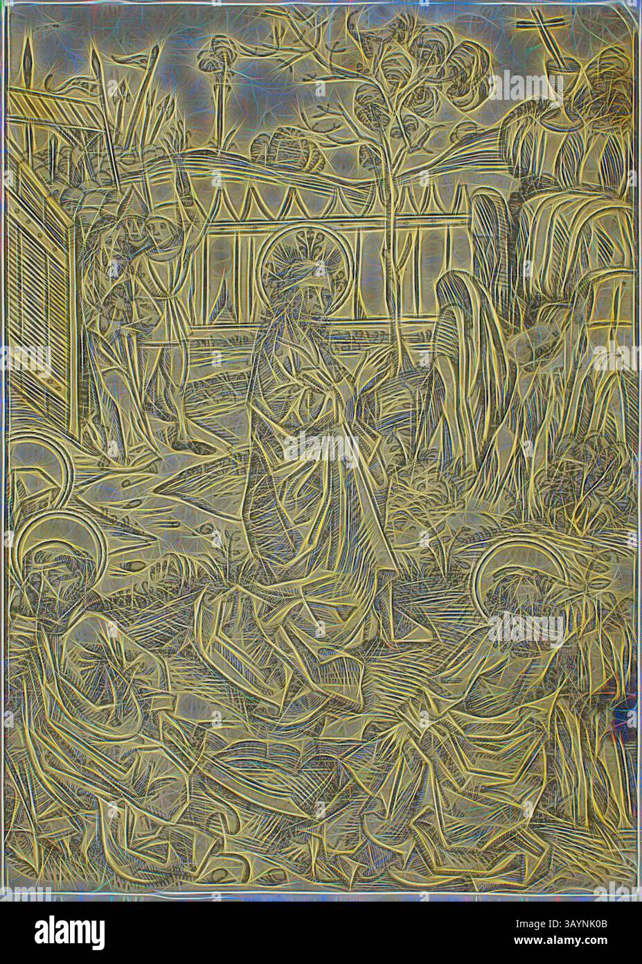 Eine ruhige Szene, die eine religiöse Figur darstellt, umgeben von Anhängern, in einer stimmungsvollen Landschaft voller komplizierter Details, Pflanzen und einem Gefühl von ruhiger Ehrfurcht. Die Figuren zeigen Ausdruck von Ehrfurcht und Kontemplation, was das spirituelle Ambiente des Augenblicks verstärkt. Christus auf Ölberg, Seite 52 aus der Schatzkammer (Schatzbehalter), 1491, Michael Wolgemut und Werkstatt (deutsch, 1434/37–1519), herausgegeben von Anton Koberger (deutsch, 1440–1513), Deutschland, Holzschnitt auf cremefarbenem Büttenpapier mit Buchdruck auf Verso, niedergelegt auf elfenbeinfarbenem Albumblatt, 245 x 175 mm (Bild/Block/Blatt), 438 x Stockfoto