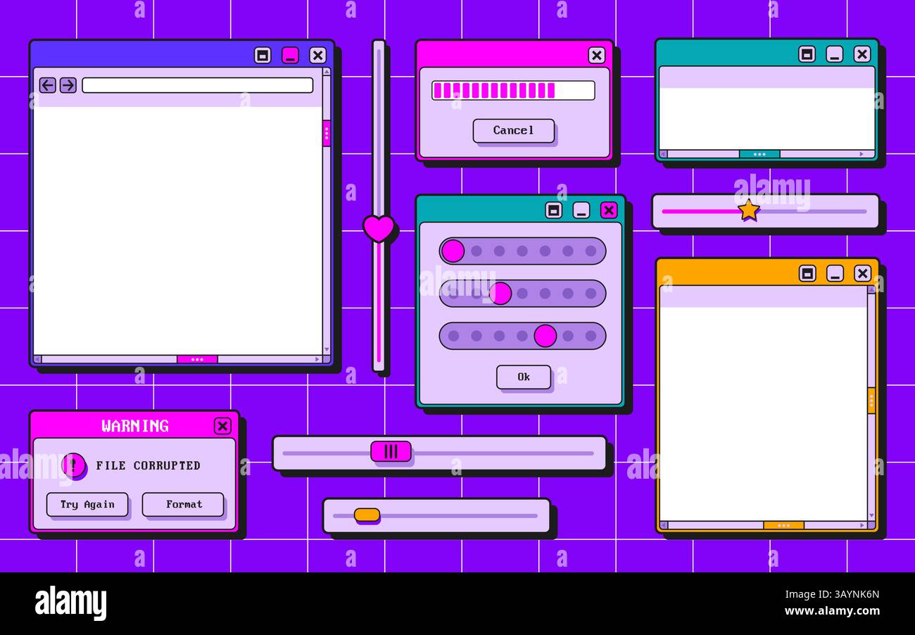 Retro-ui-Elemente festgelegt – Browserfenster, Fehler-Popup, Ladeleiste, Formular und Schaltflächen. Pinke, violette Widgets im Stil der 90er Jahre auf Neonraster-Hintergrund für Website-Design und Bildschirm des Spielmenüs. Stock Vektor