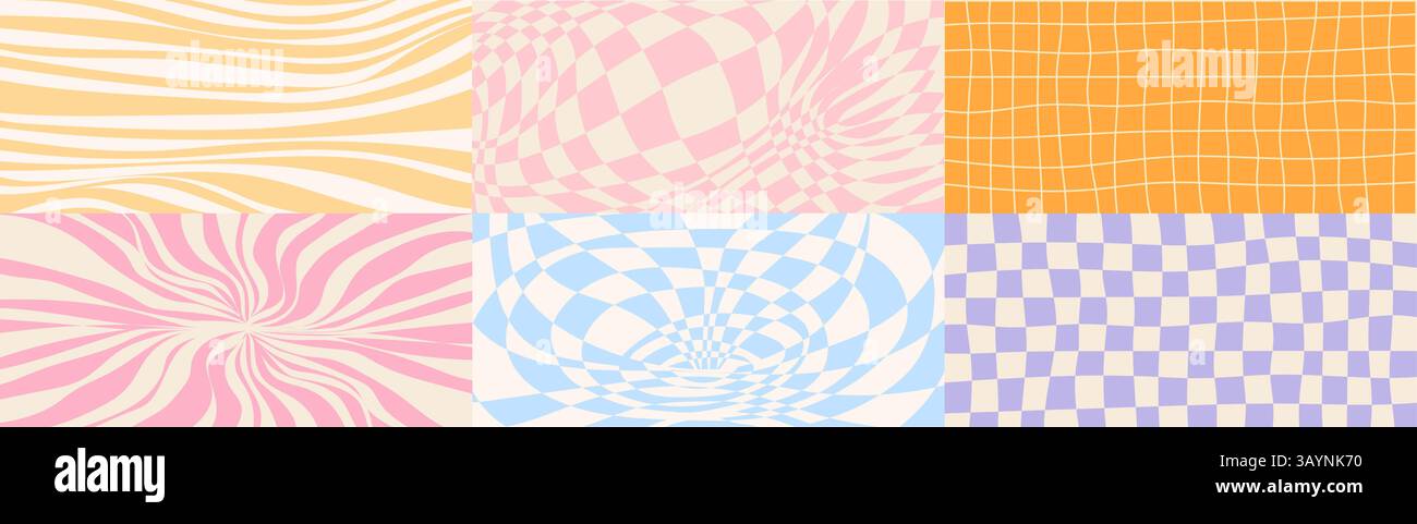 Grooviges Wellenmuster Set - psychedelischer Spiralwirbel, kariertes Gitter, gestreifter Sonnenschliff Hintergrund. Optische Täuschungsabdrücke mit hypnotischen, verzerrten Effekten. Funkige Retro-Grafikkollektion im Stil der 60er Jahre. Stock Vektor