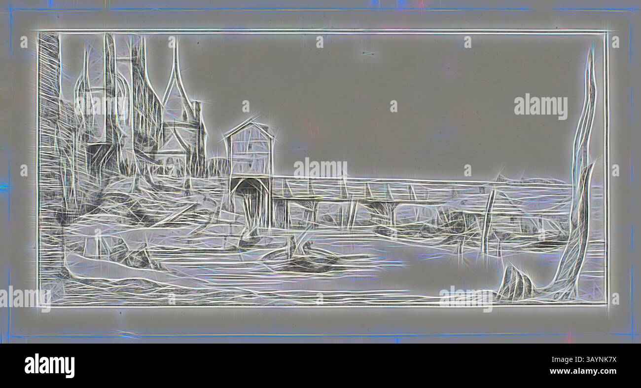 Eine ruhige Landschaft bietet zerklüftete Gebäude neben einem ruhigen Gewässer, mit einer einfachen Struktur auf einem Dock und sanften Wellen, die am Ufer plätschern, alle von einer traumhaften, ätherischen Qualität umgeben. Die Fußgängerbrücke ersetzt vorübergehend die Pont-au-Change, Paris, nach dem Brand von 1621, 1860, Charles Meryon (Französisch, 1821-1868), nach Stefano della Bella (Italienisch, 1610-1664), Frankreich, Ätzen auf Elfenbein-Bütten, gelegt auf Elfenbein-Webpapier, 96 x 198 mm (Bild), 121 x 231 mm (Platte), 114 x 216 mm (primäre Stütze), 316 x 452 mm (sekundäre Stütze) Klassische Kunst mit moderner Drehung Stockfoto