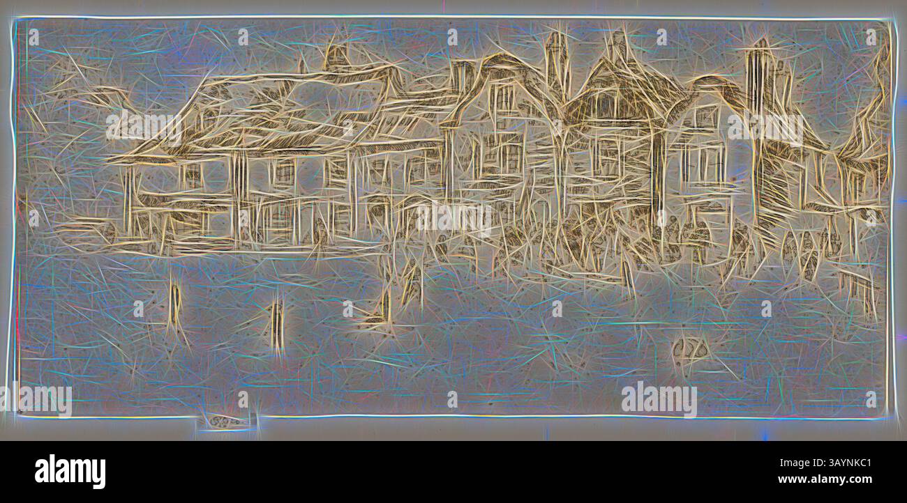 Eine stilisierte Darstellung einer Reihe malerischer Häuser, gekennzeichnet durch komplizierte Details und strukturierte Linien, die ein Gefühl von Nostalgie und Charme vermitteln. Die Szene wird durch Wellen und Reflexionen ergänzt, die der Gesamtkomposition Tiefe verleihen. Heilsarmee, Sandwich, 1887, James McNeill Whistler, Amerikaner, 1834-1903, USA, Ätzen und Trockenspitze mit faulem Beißen in schwarzer Tinte auf elfenbeinfarbenem Papier, 80 x 176 mm (Bild, in Plattenmarke geschnitten), 82 x 176 mm (Blatt) Klassische Kunst mit modernem Twist, neu interpretiert von Artotop Stockfoto