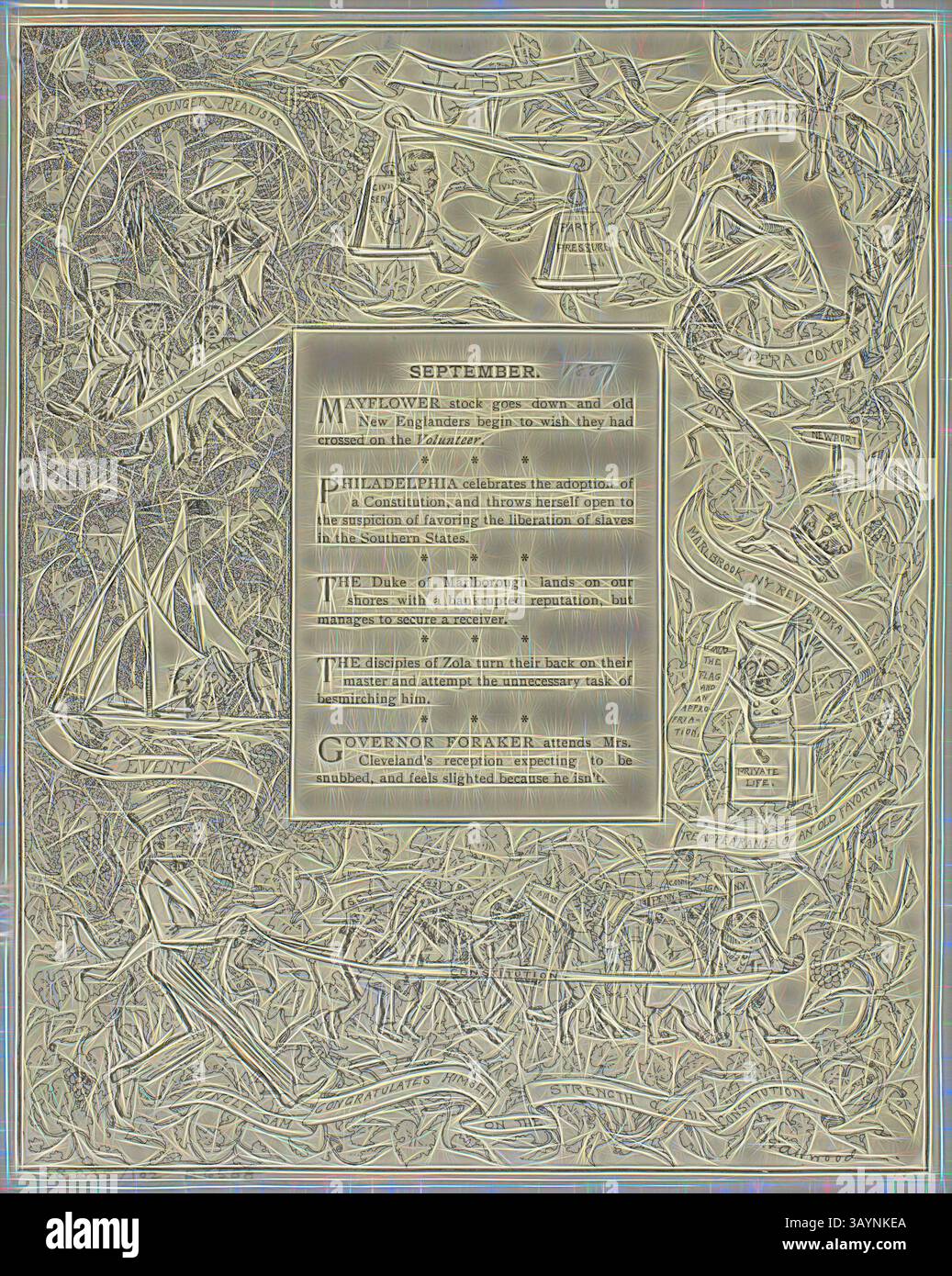 Eine kunstvolle Kalenderseite mit komplizierten Blumen- und Dekorationselementen. Der Monat September wird in einem historischen Kontext dargestellt, mit Anmerkungen zu wichtigen Ereignissen, einschließlich Einzelheiten zu Philadelphia und rechtlichen Änderungen. Es werden Embleme von Justiz und Staatsführung dargestellt, die den thematischen Schwerpunkt auf Recht und Ordnung verstärken. September, aus Life, 1887, F. G. Atwood, Amerikaner, 19th Century, United States, Lithograph on Zeitungsdruckpapier, Sherman, veröffentlicht am 5. März, 1891, F. G. Atwood, amerikanisch, 19. Jahrhundert, Vereinigte Staaten, Lithographie auf Zeitungsdruckpapier, 224 x 143 mm, ihr Wappen, veröffentlicht Stockfoto