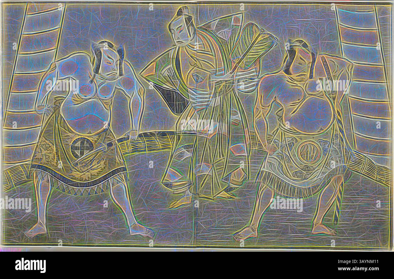 Eine dynamische Szene mit zwei Sumo-Wrestlern in traditioneller Umgebung, die in einer Wettkampfposition stehen, während eine dritte Figur, gekleidet in einem lebhaften Kimono, zwischen ihnen Gesten macht und die Intensität des Spiels unterstreicht. Die Schauspieler Nakamura Sukegoro II als Matano no Goro (rechts), Onoe Kikugoro I als Soga no Taro (Mitte) und Otani Hiroji III als Kawazu no Saburo (links), in dem Stück Myoto-giku Izu no Kisewata, aufgeführt im Ichimura Theater im elften Monat 1770, ca. 1772, Katsukawa Shunsho 勝川 春章, Japanisch, 1726-1792, Japan, Farbholzdruck, Japan aus dem illustrierten Buch Yakusha Kuni no Stockfoto