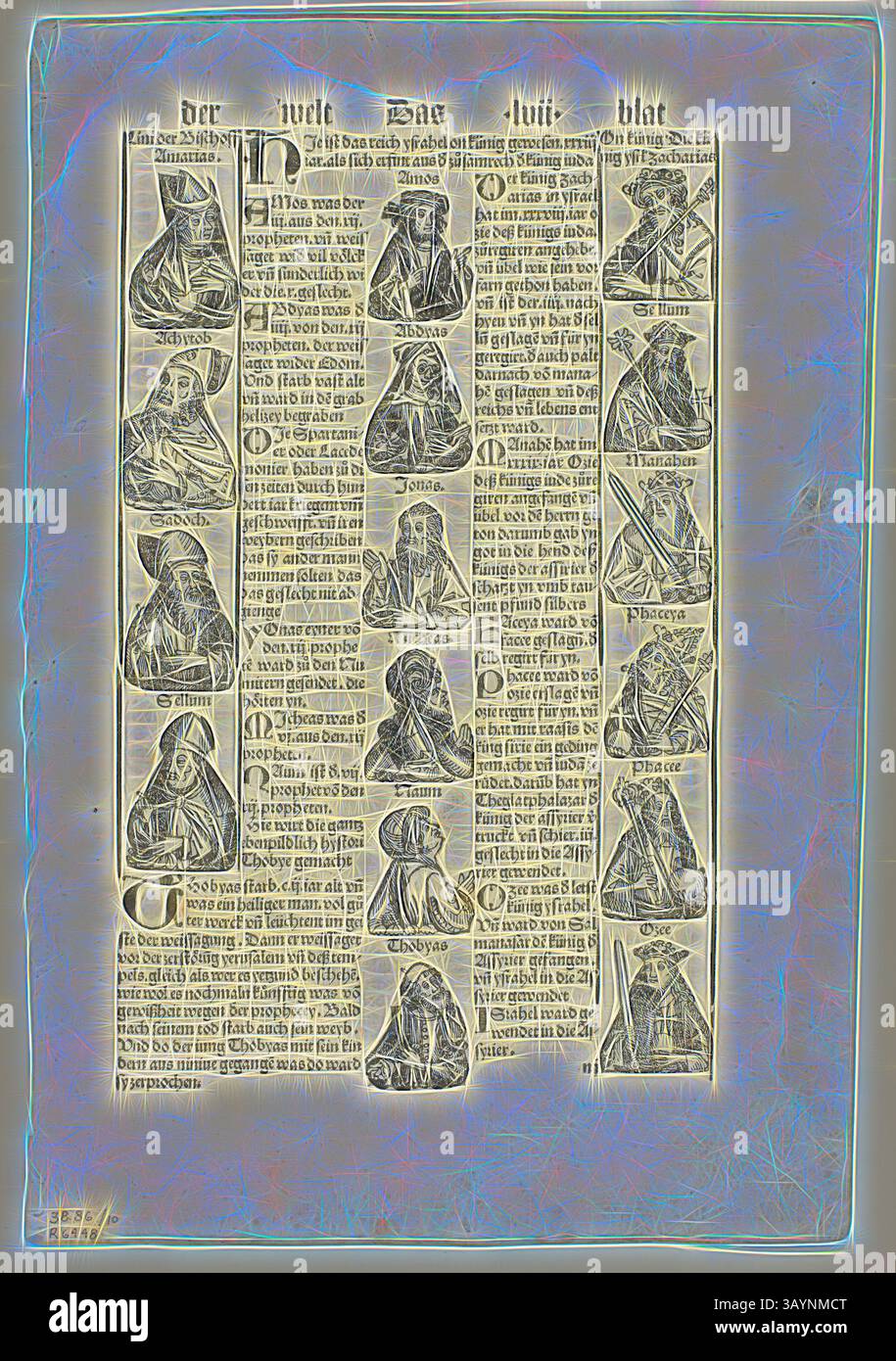 Ein historisches Diagramm mit illustrierten Figuren und begleitendem Text, die wahrscheinlich biblische Zeichen oder Heilige darstellen, im Rasterformat angeordnet. Jede Figur ist von einer dekorativen Grenze umgeben, mit Inschriften mit Namen und Beschreibungen, die ihre Bedeutung im religiösen Kontext betonen. Bischöfe, Propheten und Könige aus Schedel Weltchronik, Platte 10 aus Holzschnitten aus Büchern des 15. Jahrhunderts, 1496, Portfolio zusammengestellt 1929, Unbekannter Künstler (Augsburg, 15. Jahrhundert), gedruckt und herausgegeben von Johann Schönsperger dem Älteren (ca. 1455–1521) Stockfoto