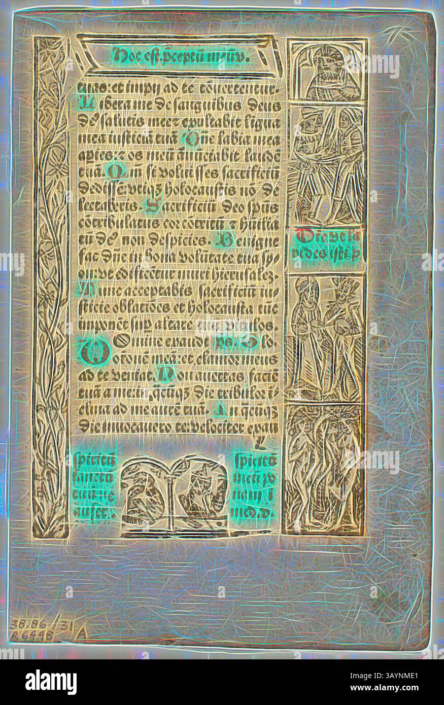 Eine kunstvolle Manuskriptseite mit kompliziertem mittelalterlichem Text und dekorativen Illustrationen, einschließlich Figuren und verzierten Initialen, die die Kunst und das Handwerk seiner Zeit zeigen. Blatt aus Cursus Beate Marie Virginis (die Reise der Seligen Jungfrau Maria), Platte 31 aus Holzschnitten aus Büchern des 15. Jahrhunderts, um 1497, Sammelband 1929, Unbekannter Künstler (evtl. Basel, Ende des 15. Jahrhunderts), gedruckt und herausgegeben von Marcus Reinhard (1491–1989) 1497), Portfoliotext von Wilhelm Ludwig Schreiber (1855–1932), Schweizer, Holzschnitt und Buchdruck in Schwarz und Rot (Recto und Stockfoto
