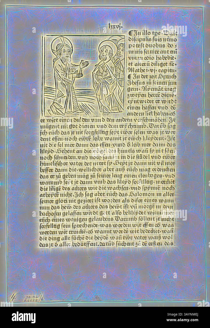 Eine detailreiche Illustration zeigt zwei Figuren, die sich in Gesprächen befinden, umgeben von reich verzierten Texten, die eine historische oder religiöse Erzählung enthalten können. Die Charaktere sind in aufwendigen Gewändern dargestellt, mit besonderen Merkmalen, die auf einen wichtigen Kontext hinweisen. Die Kombination aus Bildern und Schriften deutet auf eine alte Handschrift oder einen heiligen Text hin und spiegelt eine Mischung aus Kunstfertigkeit und Geschichtenerzählen wider. Jesus predigt seinen Jüngern aus dem Plenarium, Platte 4 aus Holzschnitten aus Büchern des 15. Jahrhunderts, 1478, Portfolio zusammengestellt 1929, Unbekannter Künstler (Augsburg, 15. Jahrhundert), gedruckt und Stockfoto