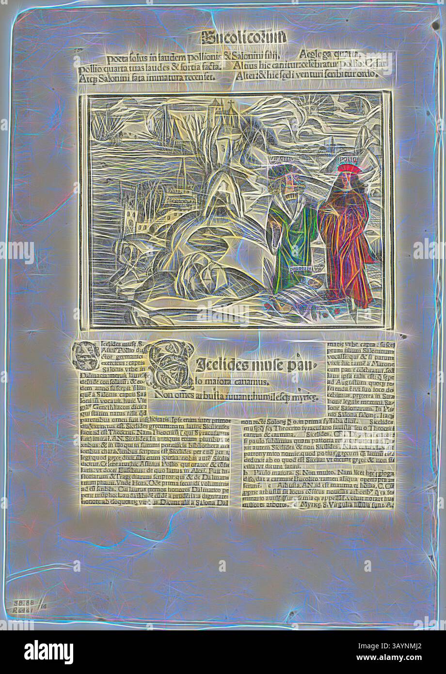 Eine historische Szene, in der zwei Figuren in zeitgenössischer Kleidung neben einem ruhigen Gewässer stehen, umgeben von üppiger Vegetation und Tierwelt. Der begleitende Text befasst sich mit Themen der Natur und der Erforschung und unterstreicht die Erzählung der illustrierten Umgebung. Illustration aus der Oper Virgilius, Platte 14 aus Holzschnitten aus Büchern des XVI Jahrhunderts, 1502, zusammengesetzt zu einem Portfolio 1937, Unbekannter Künstler (Deutsch, 16. Jahrhundert), zusammengesetzt von Max Geisberg (Schweiz, 1875-1943), Deutschland, Holzschnitt auf Papier, 119 x 157 mm (Bild), 239 x 161 mm (Bild/te), 309 x 217 mm (Blatt) Klassische Kunst mit einer Moderne Stockfoto