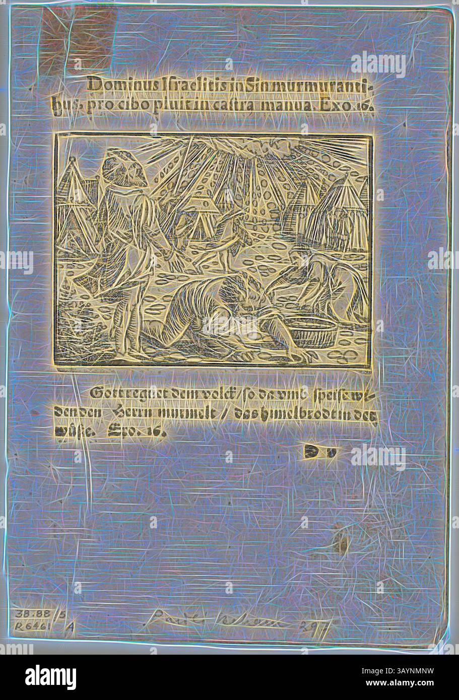 Eine komplizierte Szene mit biblischen Figuren in einer Landschaft voller Zelte und dramatischer Beleuchtung. Die zentrale Figur zeigt eine Geste in Richtung einer Gruppe, während andere in der detaillierten Umgebung verschiedene Aktivitäten ausüben. Lateinischer Text umgibt das Bild und unterstreicht den historischen Kontext. Der Regen von Manna aus biblischen Historien Künstlich fürgemalt, Platte fünf aus Holzschnitten aus Büchern des XVI Jahrhunderts, 1551, zusammengefügt zu Portfolio 1937, Sebald Beham (deutsch, 1500-1550), zusammengesetzt von Max Geisberg (Schweiz, 1875-1943), Deutschland, Holzschnitt in Schwarz auf braunem Büttenpapier, 53 x 71 mm (Bild) Stockfoto