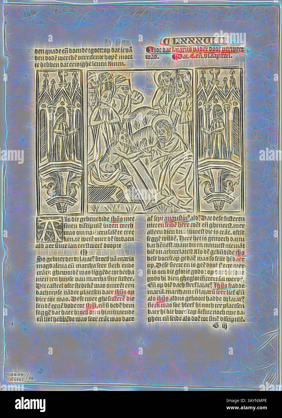Eine komplizierte Manuskriptseite zeigt kunstvolle architektonische Elemente, detaillierte Abbildungen von Figuren in mittelalterlicher Kleidung und sorgfältig gefertigter Text, der eine Mischung aus Kunstfertigkeit und historischer Schrift zeigt. Die Szene zeigt wahrscheinlich ein bedeutendes Ereignis oder eine Lehre, bereichert durch dekorative Grenzen und lebendige Geschichten. Die Aufrichtung des Lazarus aus Leven Christi durch Ludolphus de Saxonia, Platte 56 aus Holzschnitten aus Büchern des 16. Jahrhunderts, 1512, zusammengefügt zu Portfolio 1937, Unbekannter Künstler (Deutsch, 16. Jahrhundert), zusammengesetzt von Max Geisberg (Schweiz, 1875–1943), Deutschland, handkolorierter Holzschnitt auf Papier Stockfoto
