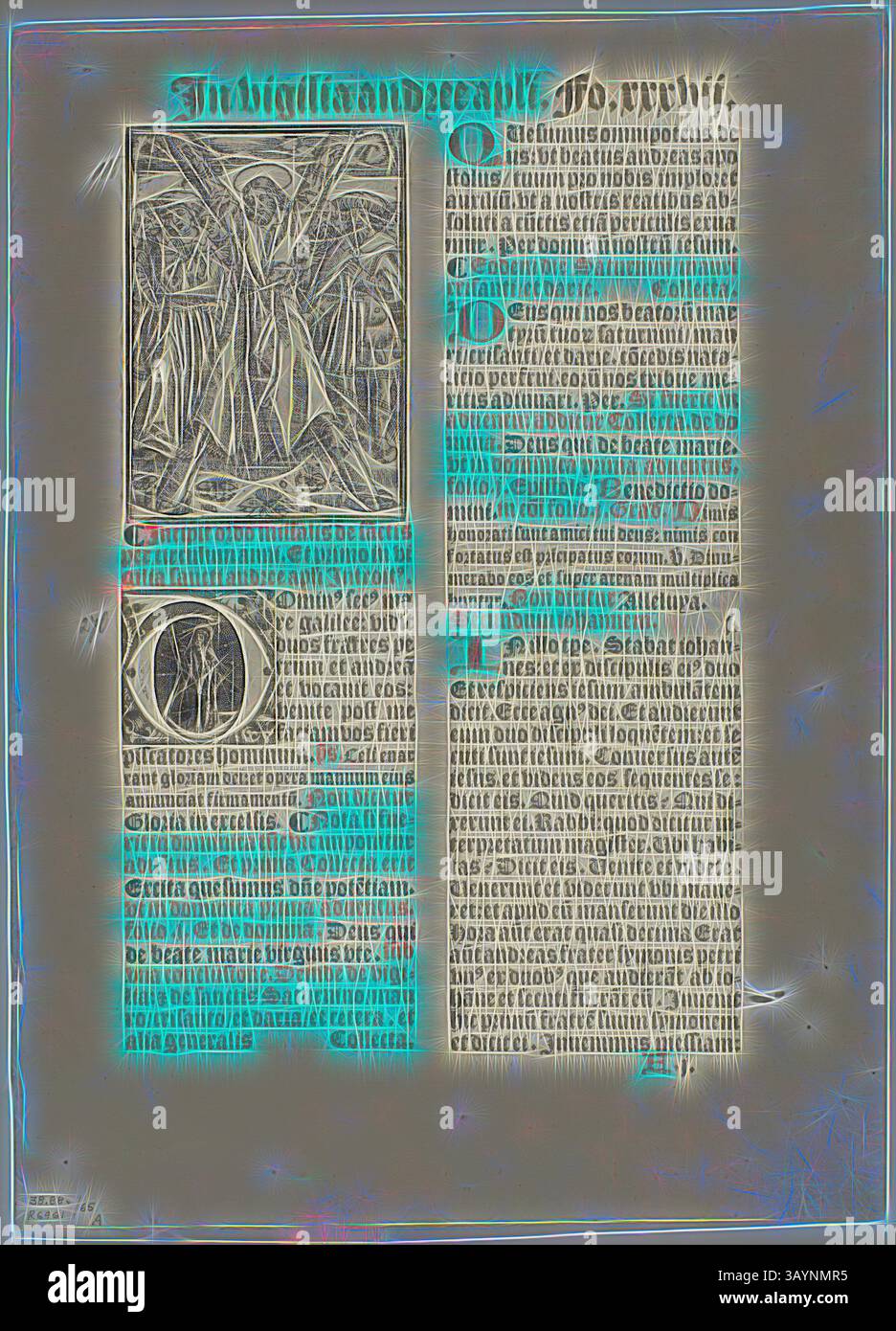 Ein antiker Text mit komplizierten Illustrationen und dekorativen Elementen. Die linke Seite zeigt eine detaillierte Darstellung einer Figur, während die rechte Seite eine dichte, stilisierte Schrift enthält, die mit historischen oder wissenschaftlichen Inhalten gefüllt ist und die Bedeutung der dargestellten Szene unterstreicht. Kreuzigung des Heiligen Andreas aus Missale Monasteriense, Platte 65 aus Holzschnitten aus Büchern des XVI Jahrhunderts, 1520, zusammengesetzt zu einem Portfolio 1937, Unbekannter Künstler (Französisch, 16. Jahrhundert), zusammengesetzt von Max Geisberg (Schweiz, 1875-1943), Frankreich, Metallschnitt auf Papier, 101 x 71 mm (Bild), 256 x 157 mm (Bild/text), 308 x 224 Stockfoto