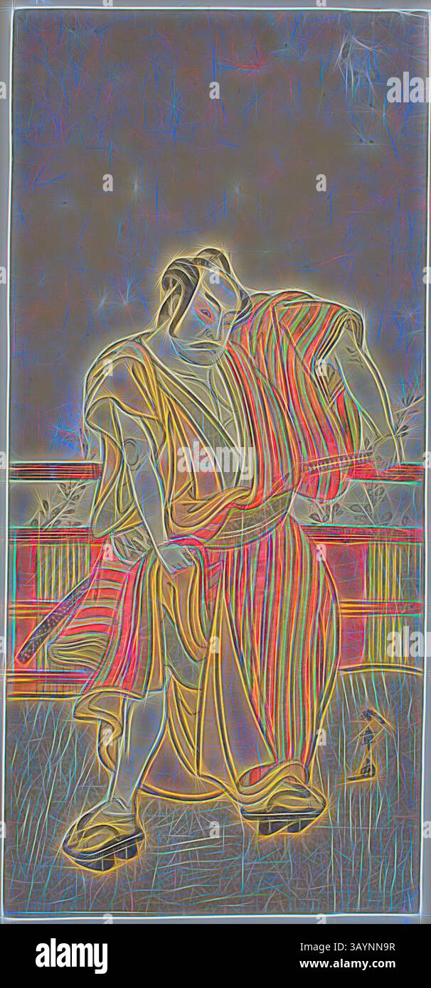 Eine stilisierte Darstellung eines Sumo-Ringkämpfers in traditioneller Kleidung, aufgenommen in der Mitte der Bewegung, zeigt eine Mischung aus lebhaften Linien und künstlerischem Flair vor einem strukturierten Hintergrund. Der Schauspieler Nakamura Sukegoro II. In einer unbekannten Rolle, um 1779, Katsukawa Shunsho 勝川 春章, Japanisch, 1726-1792, Japan, Farbholzdruck, Hosoban, 32,5 x 15 cm (13/16 Zoll) Klassische Kunst mit modernem Touch, neu interpretiert von Artotop Stockfoto