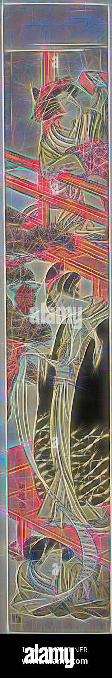 Eine komplizierte und stilisierte Darstellung einer Figur mit fließenden Kleidungsstücken, umgeben von dekorativen Mustern und abstrakten Elementen, die ein Gefühl von Anmut und Eleganz vermitteln. Parodie der Leseszene in Chushingura, um 1776, Isoda Koryusai, Japanisch, 1735-1790, Japan, Farbholzdruck, Hashira-e, 1/2 x 5/8 Zoll Klassische Kunst mit modernem Touch, neu interpretiert von Artotop Stockfoto