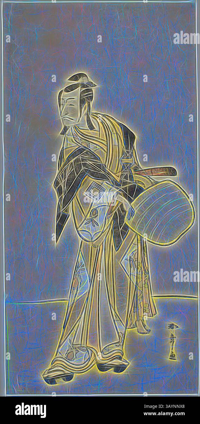 Eine wunderschön gekleidete Figur in traditioneller Kleidung trägt anmutig einen Klappventilator, der Eleganz und kulturelles Erbe verkörpert. Leuchtende Farben prägen die komplizierten Muster der Kleidung und unterstreichen das künstlerische Flair der Szene. Der Schauspieler Ichikawa Danjuro V als Kakogawa Honzo, aus dem Stück Kanadehon Chushin Nagori no Kura, spielte im neunten Monat 1780, ca. 1780, Katsukawa Shunsho 勝川 春章, Japanisch, 1726-1792, Japan, Farbholzdruck, Hosoban, 13 x 3/4 Zoll Klassische Kunst mit modernem Touch, neu interpretiert von Artotop Stockfoto