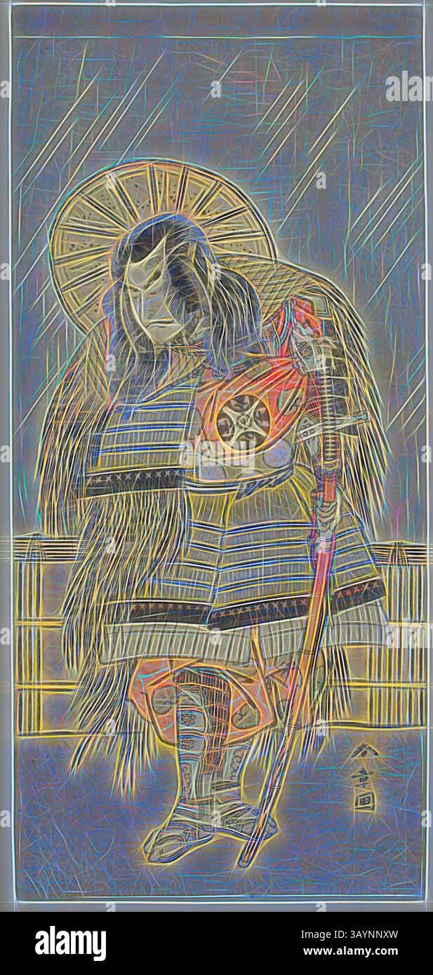 Ein Krieger in traditioneller Rüstung steht unter einem großen, verzierten Schirm und strahlt eine Aura von Stärke und Eleganz aus. Ihr langes Haar fließt dramatisch und verschmilzt mit den komplizierten Details der Kleidung und Accessoires, während der Hintergrund Linien zeigt, die Bewegung und Atmosphäre suggerieren und das Gefühl von Tiefe und Drama verstärken. Der Schauspieler Nakamura Nakazo I als Takechi Jubei Mitsuhide in dem Stück Shusse Taiheiki, aufgeführt am Nakamura Theater im achten Monat, 1775, ca. 1775, Katsukawa Shunsho 勝川 春章, Japanisch, 1726-1792, Japan, Farbholzdruck, Hosoban, 32,7 x 15 cm (12 7/8 x 5 7/8 Zoll Stockfoto