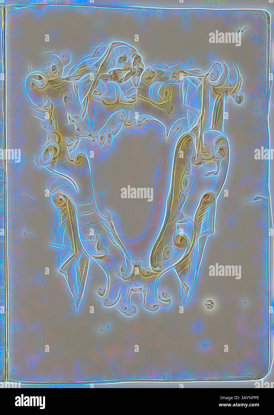 Ein kunstvoller, aufwändig gestalteter Rahmen mit eleganten Kurven und Blüten, der eine Essenz der historischen Handwerkskunst einfängt. Die leuchtenden Konturen verstärken die dekorativen Details und verleihen ihr eine surreale, ätherische Qualität. Entwurf für Escutcheon, mit Schädeln, n.d., unbekannter Künstler, möglicherweise italienisch, Italien, Schwarze Kreide und Pinsel und braune Waschung auf elfenbeinfarbenem Büttenpapier, 404 x 580 mm Klassische Kunst mit einem modernen Twist von Artotop Stockfoto