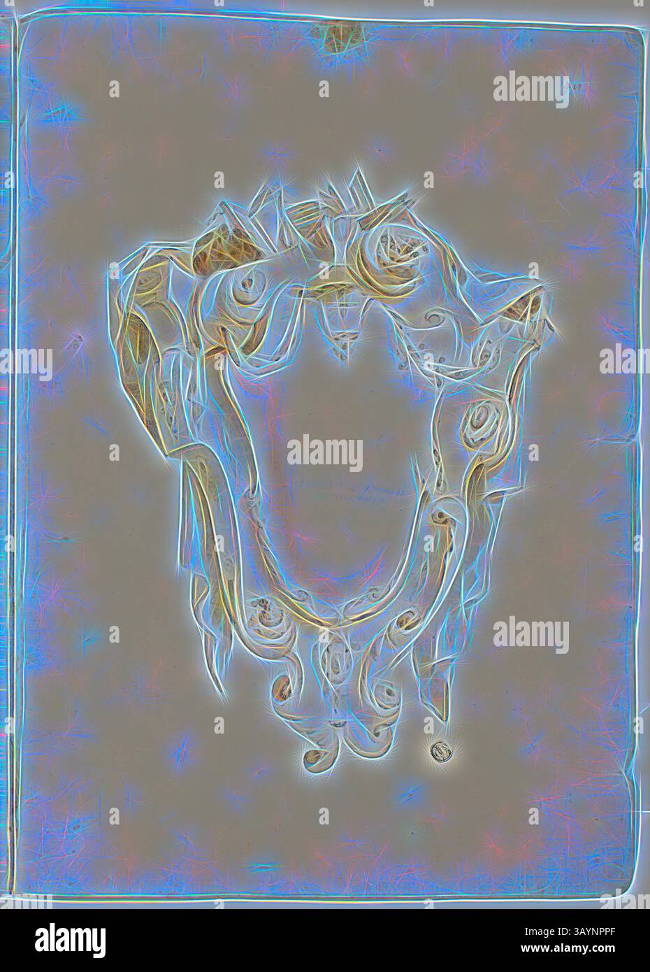 Ein kunstvoller, Vintage-Spiegelrahmen mit komplizierten Designs und wirbelnden Mustern, hervorgehoben durch leuchtende Kanten, die seine dekorative Eleganz unterstreichen. Der Gesamteffekt verleiht ihm eine skurrile, ätherische Qualität. Design für Escutcheon, mit Skulls and Books, n.d., Unbekannter Künstler, möglicherweise Italienisch oder Deutsch, Italien, Schwarze Kreide und Pinsel und braune Waschung auf elfenbeinfarbenem Büchsenpapier, 405 x 580 mm Klassische Kunst mit einem modernen Twist von Artotop neu interpretiert Stockfoto