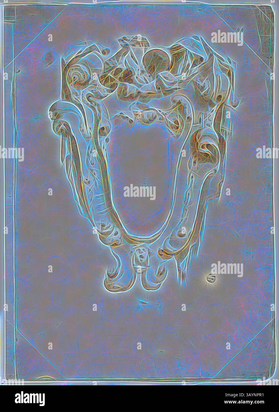 Ein kunstvoller dekorativer Rahmen umgibt einen zentralen leeren Raum mit komplizierten Wirbeln und Mustern, die ein Gefühl von Vintage-Eleganz und Kunstfertigkeit hervorrufen. Das Design zeichnet sich durch fließende Formen aus, die Bewegung und eine skurrile Qualität suggerieren und ihm ein zeitloses, ätherisches Aussehen verleihen. Entwurf für Escutcheon, mit Musikinstrumenten, n.d., unbekannter Künstler, möglicherweise Italienisch, Italien, Schwarze Kreide und Pinsel und braune Waschung auf elfenbeinfarbenem Büttenpapier, 405 x 580 mm Klassische Kunst mit einem modernen Twist von Artotop Stockfoto