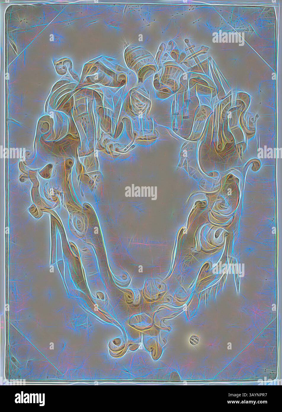 Eine wirbelnde Komposition aus komplizierten Formen und fließenden Linien schafft ein abstraktes Design, das ein Gefühl von Bewegung und Fließfähigkeit weckt. Das Zusammenspiel von Licht und Form fügt eine ätherische Qualität hinzu und lädt den Betrachter ein, seine Tiefen und Details zu erkunden. Design for Ecclesiastical Escutcheon, n.d., unbekannter Künstler, möglicherweise Italienisch, Italien, schwarze Kreide und Pinsel und braune Waschung auf elfenbeinfarbenem Büttenpapier, 405 x 580 mm Klassische Kunst mit einem modernen Twist von Artotop Stockfoto